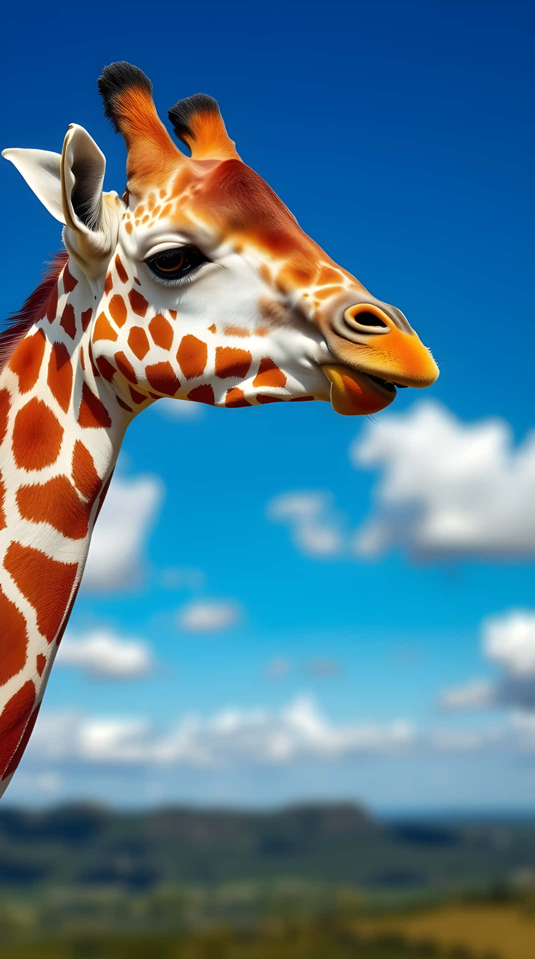 Close-Up of a Giraffe Against a Bright Blue Sky 壁紙 — 長頸鹿頭部特寫，帶有橙色和白色斑塊，背景是晴朗的藍天和蓬鬆的雲朵。
