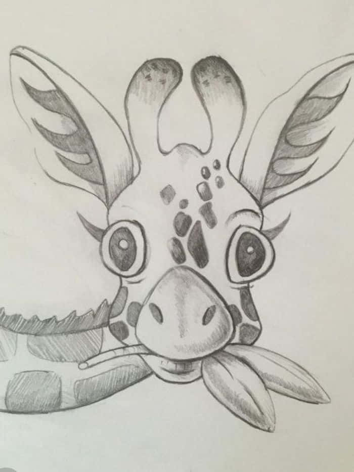 Sketch Art 桌布 壁紙 — 長頸鹿頭部的迷人鉛筆素描，有著大大的富有表情的眼睛，嘴裡含著一片葉子。
