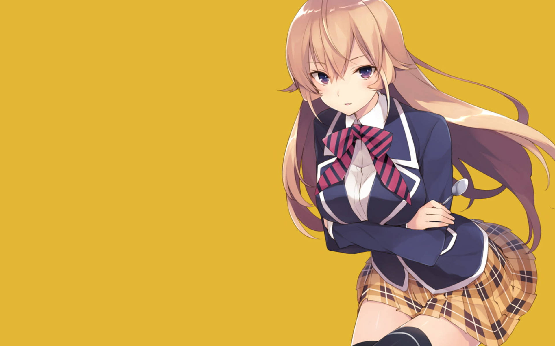 food wars shokugeki no soma 桌布 壁紙 — 長髮、戴條紋蝴蝶結的動漫女學生穿著校服，自信地站在純黃色背景前。