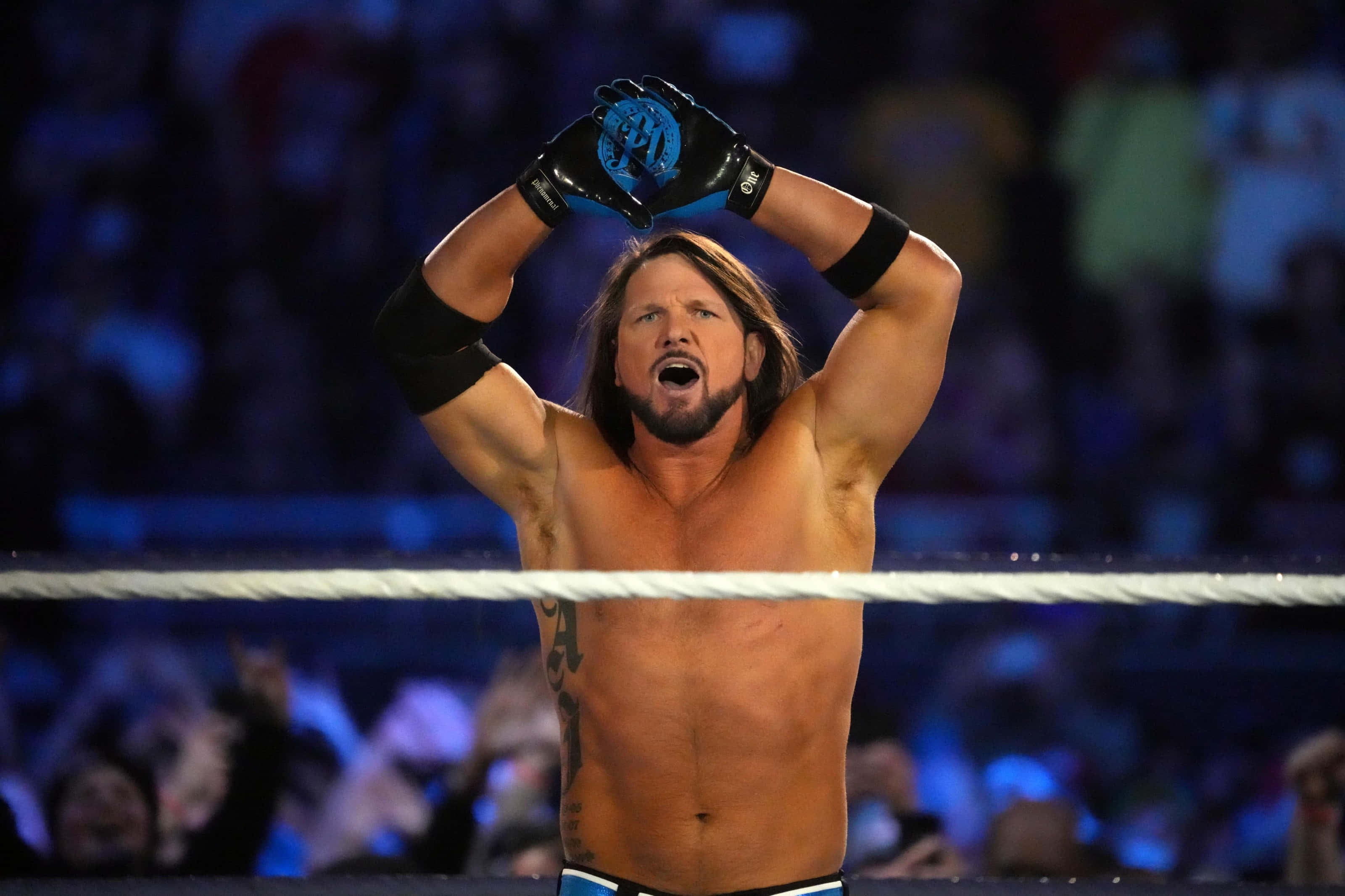 WWE 桌布 壁紙 — 長髮、戴藍色手套的摔角手在燈光閃爍的擂台上高舉雙臂，背景是模糊的人群。
