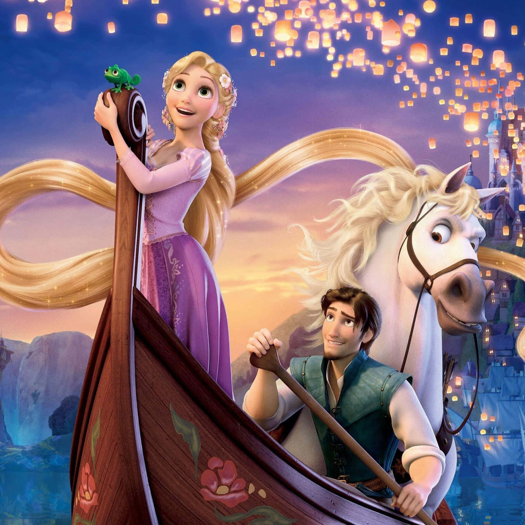 Disney Profile 桌布 壁紙 — 長髮公主和費林·雷德在船上航行，帕斯卡棲息在槳上，燈籠在日落時分飄浮在城堡上方。