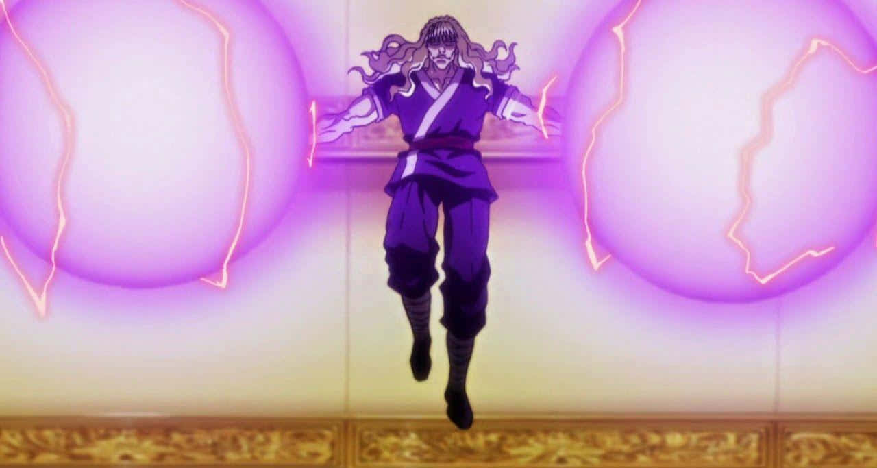 Silva Zoldyck 桌布 壁紙 — 長髮動漫戰士懸浮在半空中，被發光的紫色能量球和噼啪作響的橙色閃電包圍。