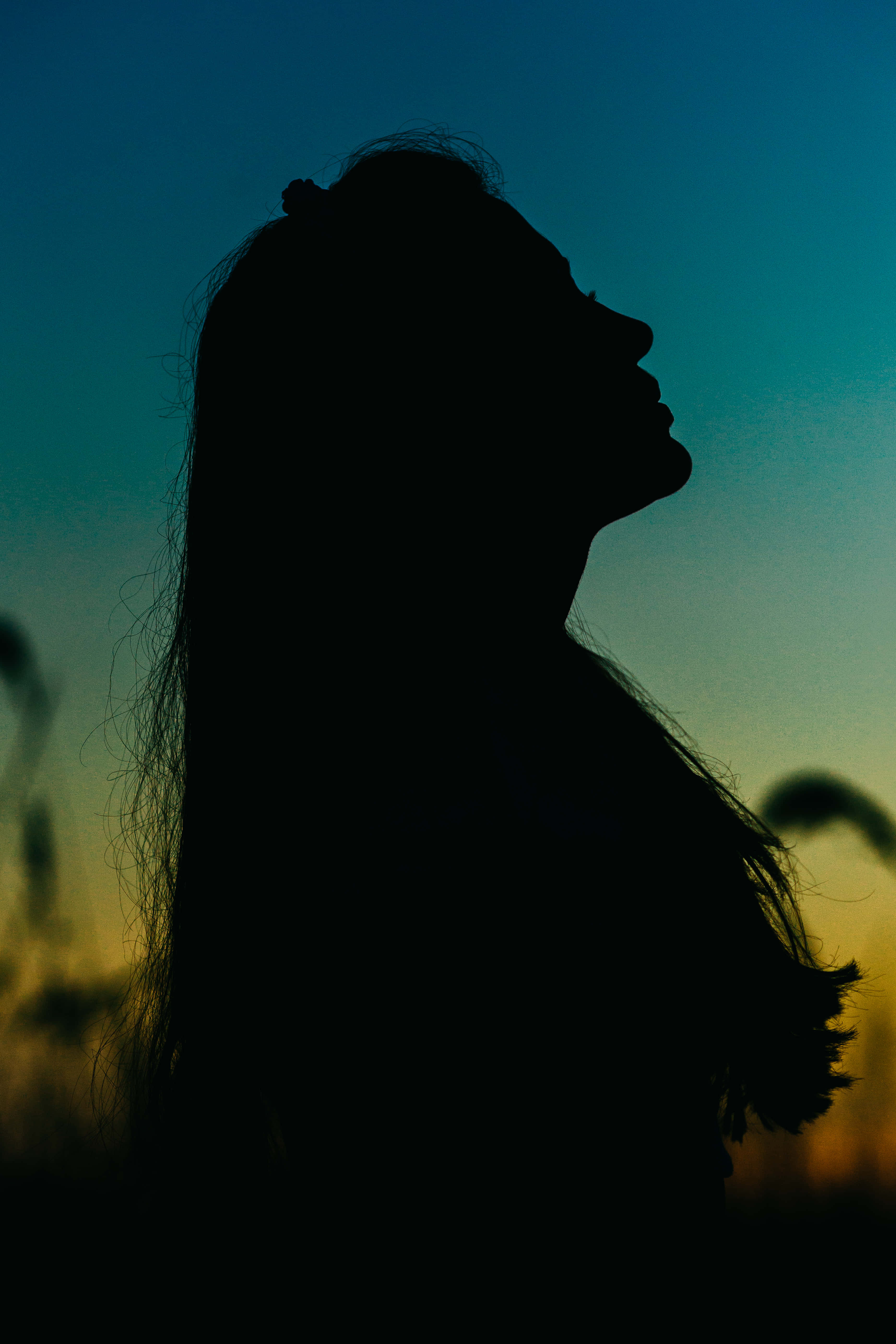 Silhouette 桌布 壁紙 — 長髮女性剪影，仰望漸變暮色天空。