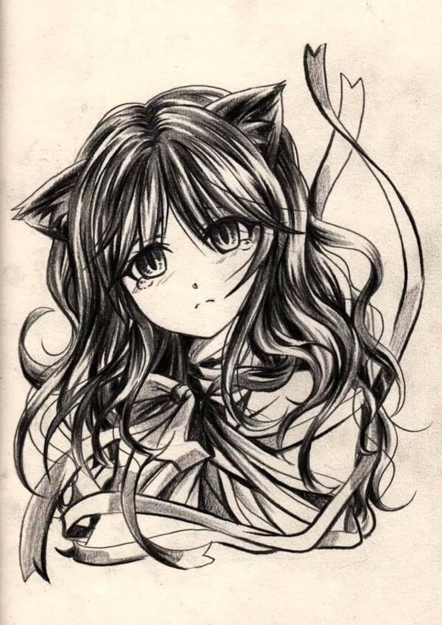 長髮少女繫蝴蝶結的插畫 壁紙