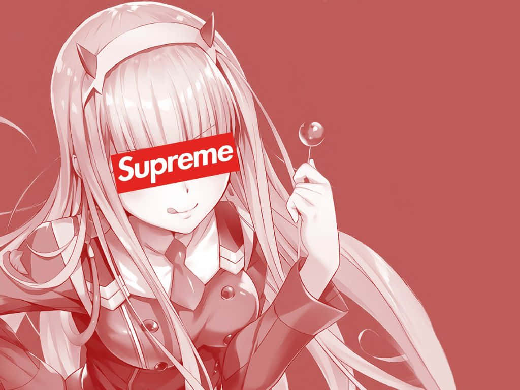 supreme 桌布 壁紙 — 長髮惡魔角動漫女孩手持棒棒糖，眼睛上戴著紅色Supreme標誌，背景為純紅色。