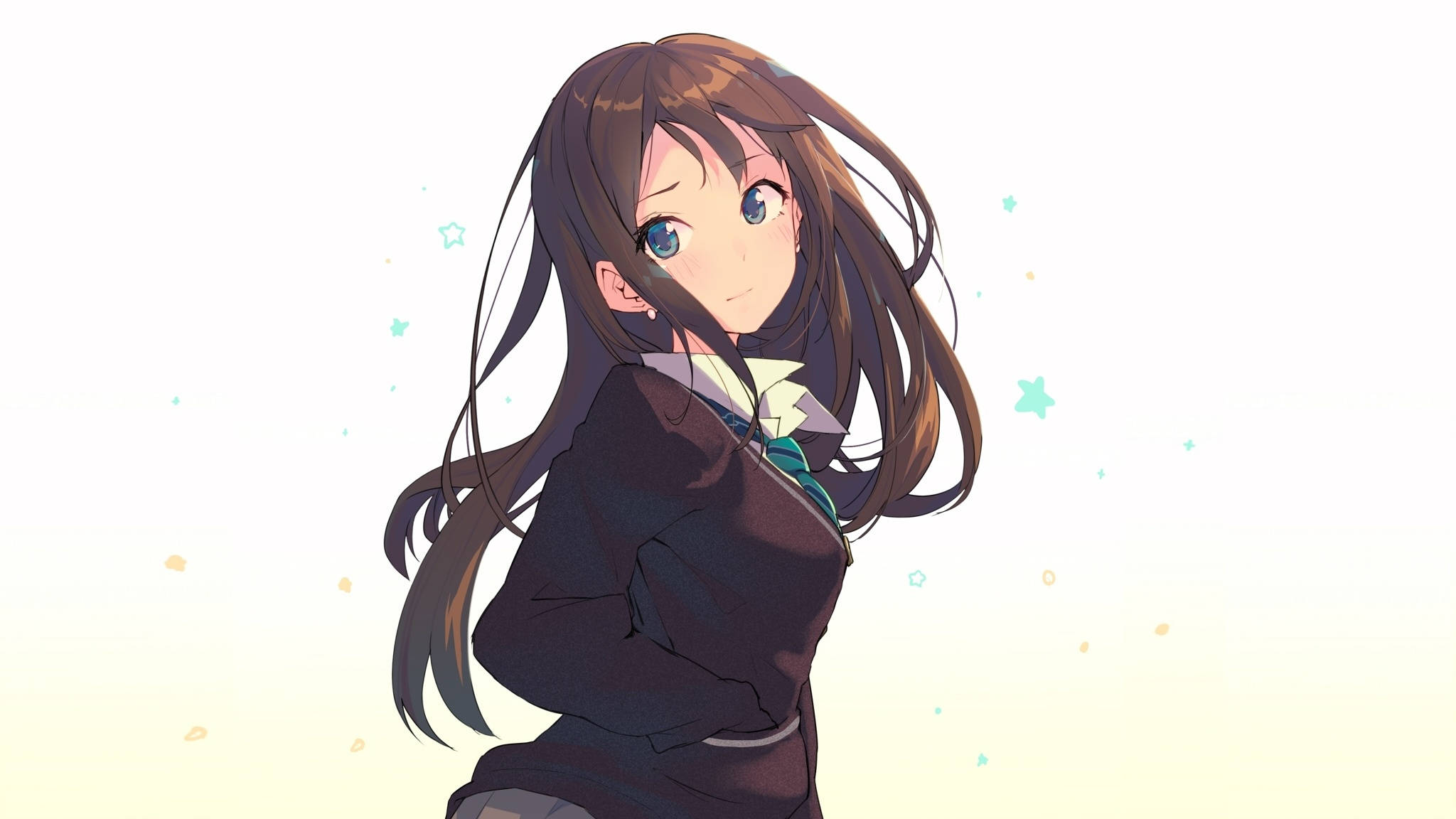 動漫藝術GIF 桌布 壁紙 — 長髮棕眼藍眸的動漫少女，穿著校服，在閃爍的粉彩背景前溫柔微笑。
