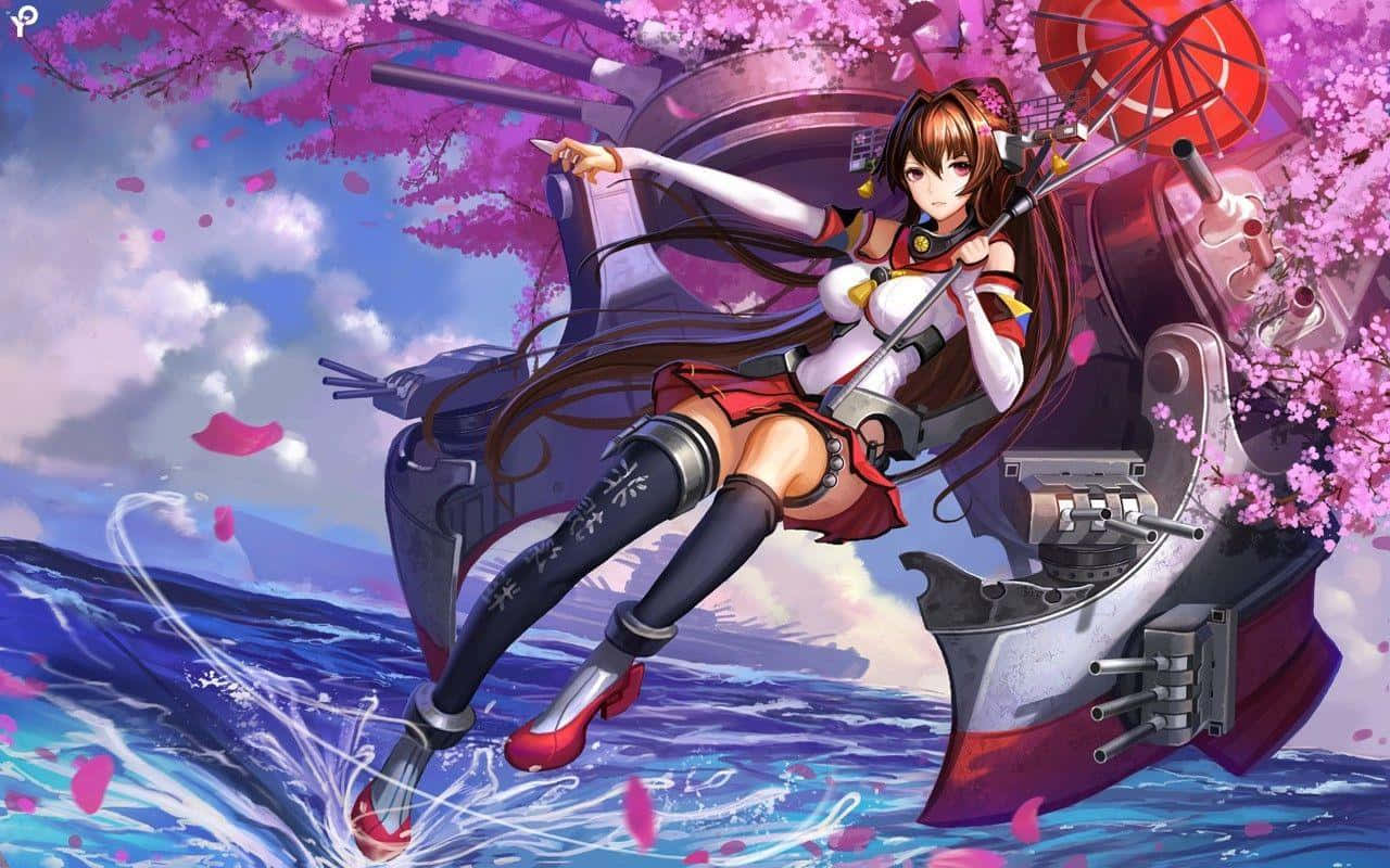 Kancolle 桌布 壁紙 — 長髮棕髮動漫女孩坐在軍艦上，周圍是飄落的櫻花和洶湧的海浪，天空多雲。