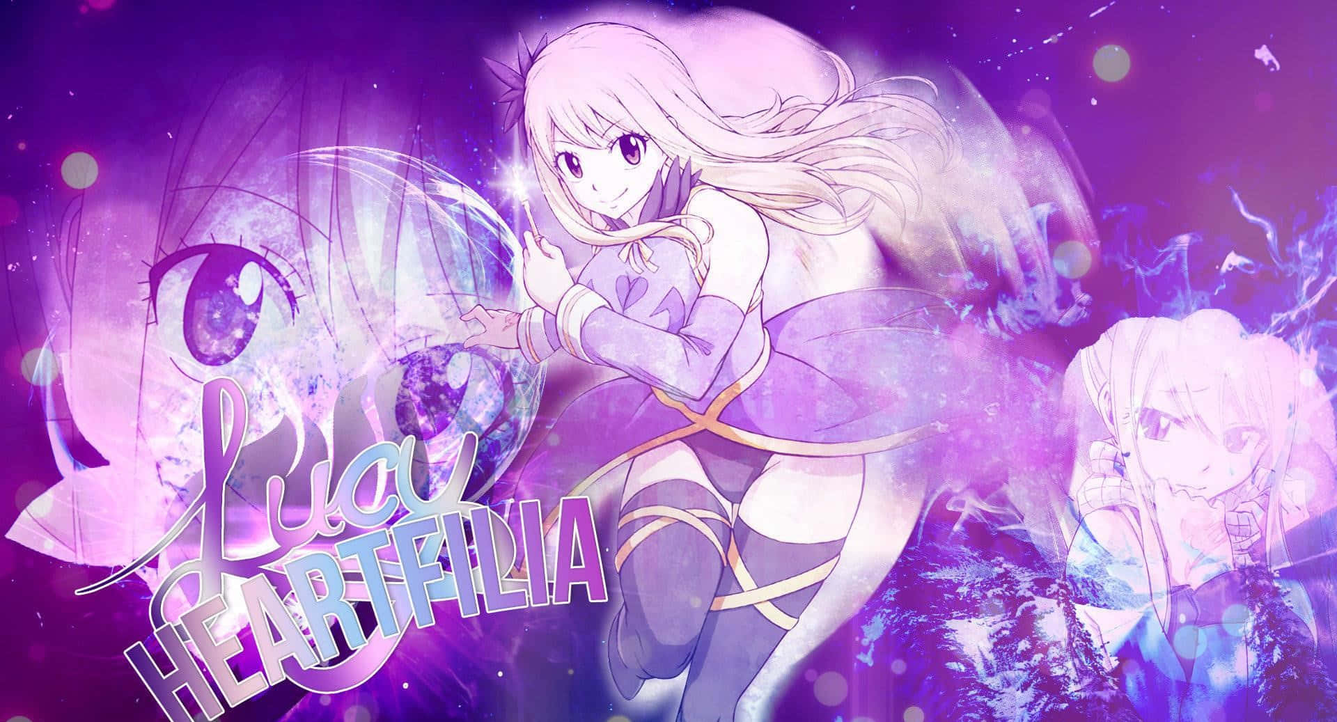 lucy heartfilia 桌布 壁紙 — 長髮紫眼動漫女孩在帶有漂浮面孔和閃爍星光的宇宙紫色背景前，手持發光球體。