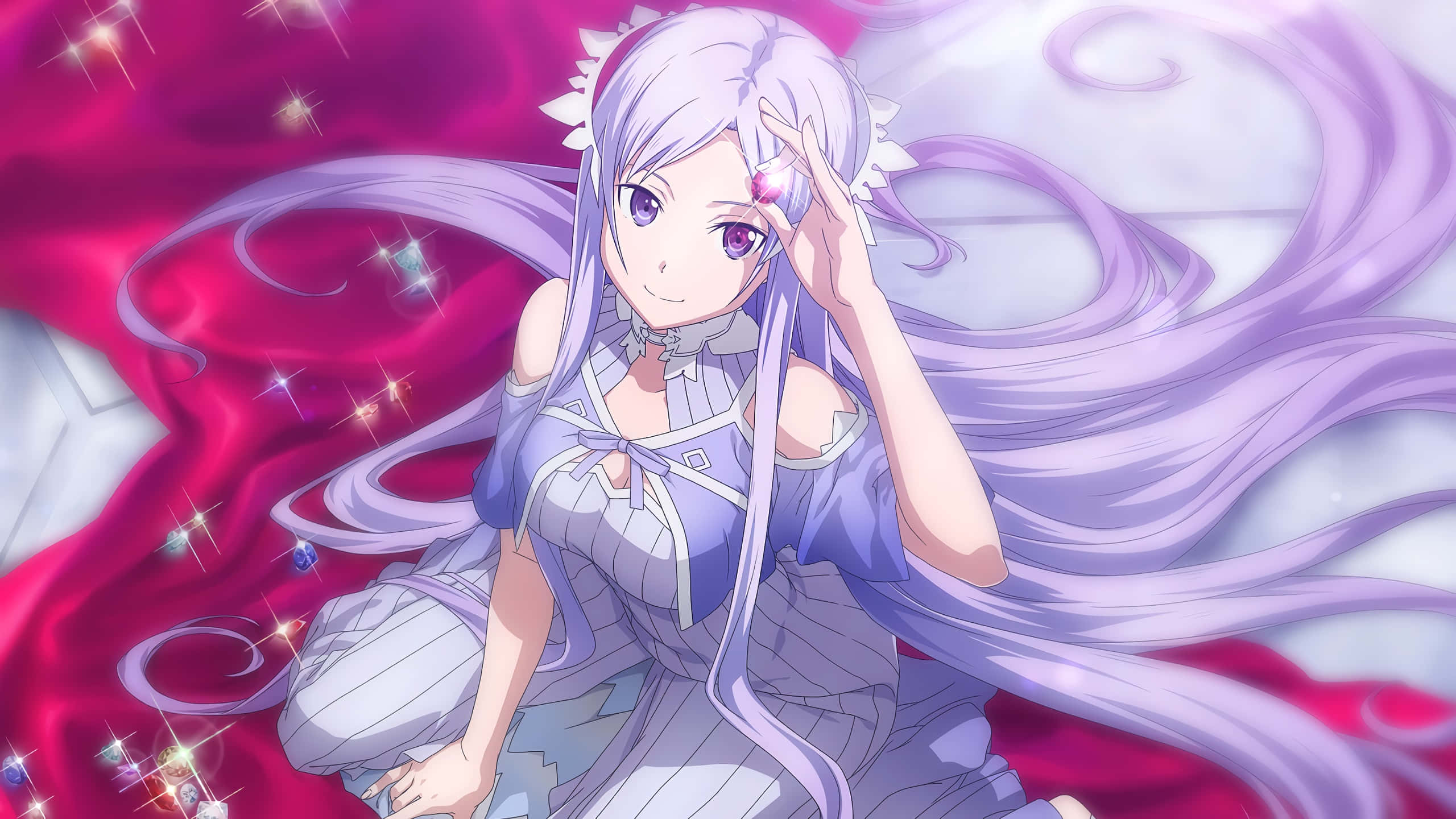 Sword Art Online Quinella 桌布 壁紙 — 長髮薰衣草色和紫色眼睛的動漫女孩，微笑著將額頭貼在旋轉的粉紅色和白色魔法背景上。