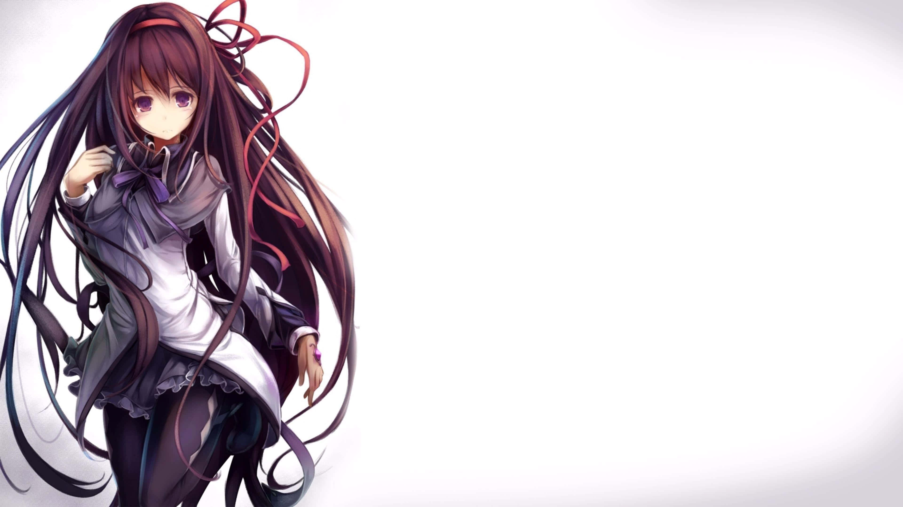 Cute Aesthetic Anime Desktop 桌布 壁紙 — 長髮飄逸、紫眸的動漫女孩，身穿校服，站在純白背景前。