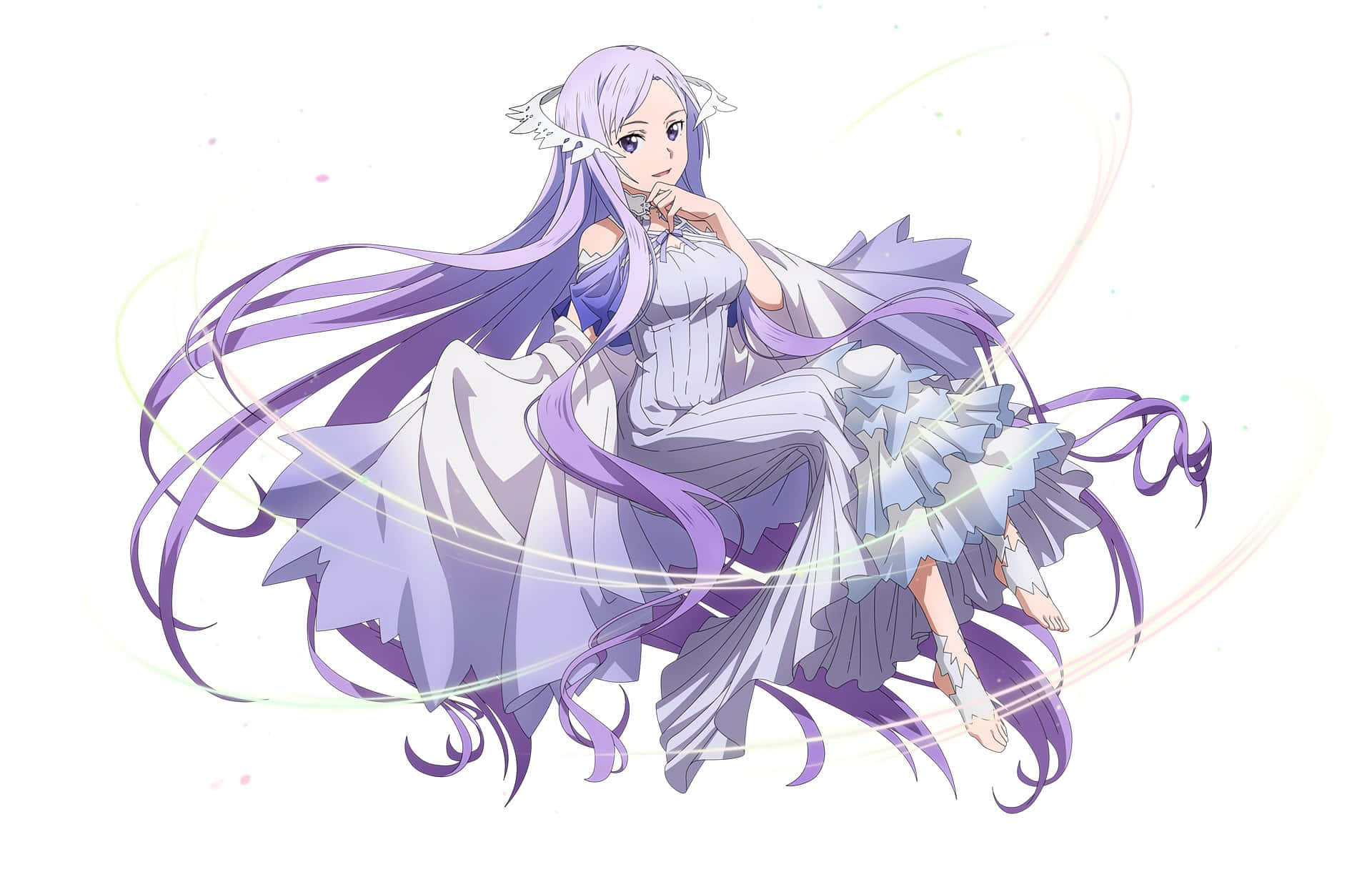 Sword Art Online Quinella 桌布 壁紙 — 長髮飄逸的紫色頭髮、身穿白色連衣裙的動漫女孩，在明亮的白色背景上優雅地坐著，周圍有發光的漩渦。