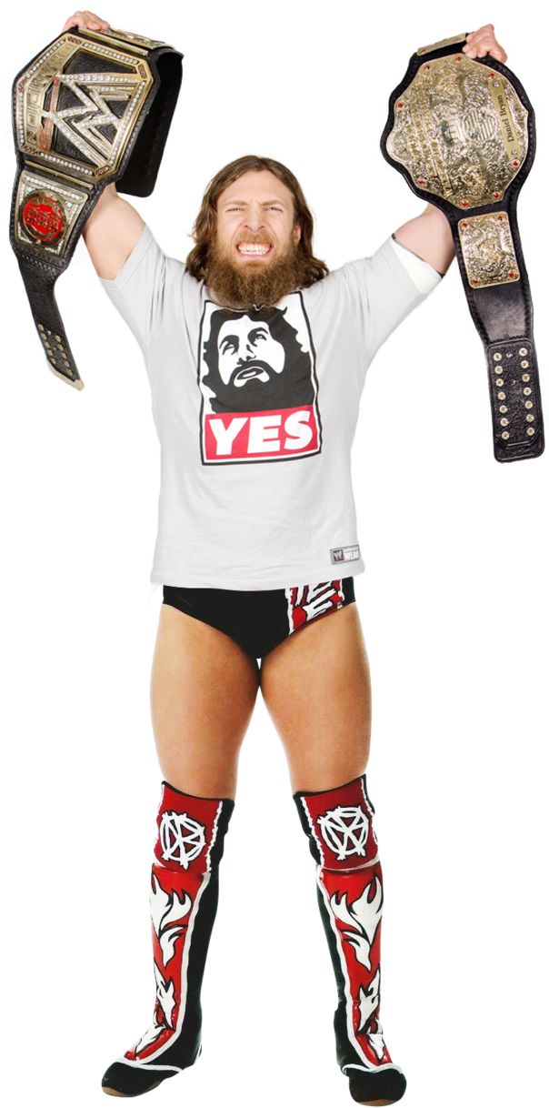WWE 桌布 壁紙 — 長髮鬍鬚摔角手身穿'YES' T恤和紅白靴，勝利地高舉兩條冠軍腰帶。