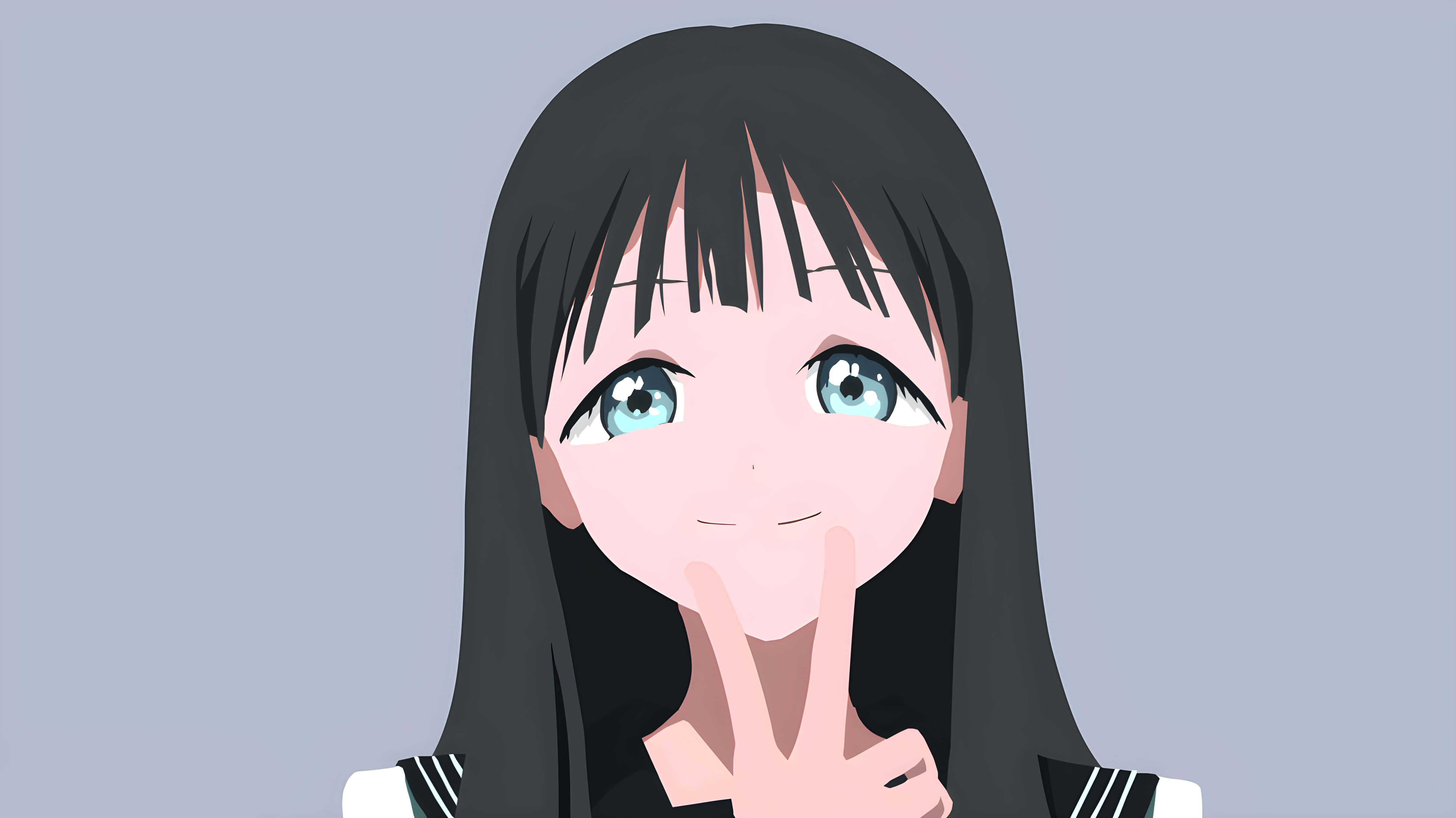 Sumire Kanou 桌布 壁紙 — 長黑髮、亮藍眼睛的動漫女孩，在柔和的灰色背景前帶著溫柔的微笑比出和平手勢。