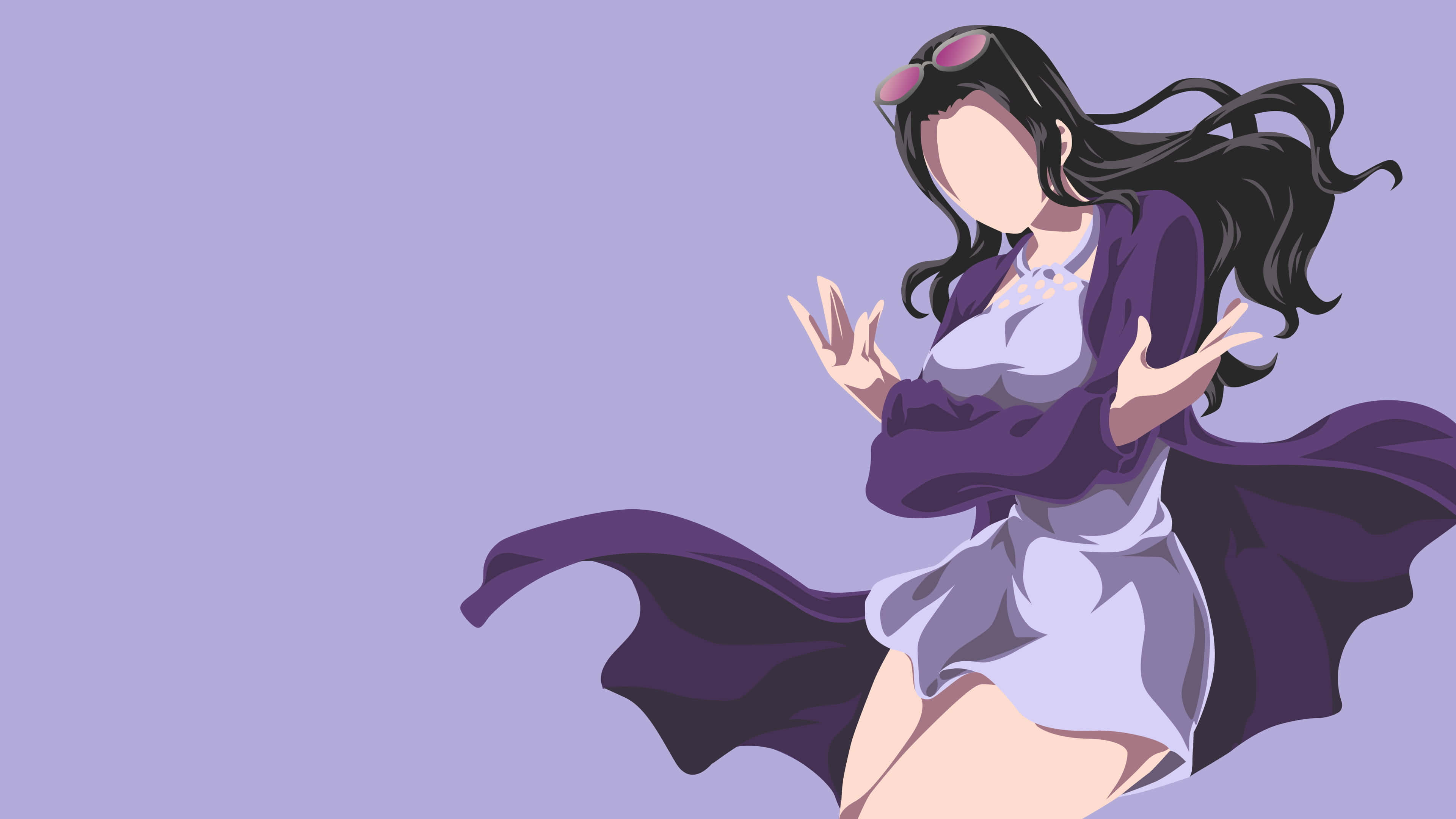 Nico Robin 桌布 壁紙 — 長黑髮、戴粉紅色太陽眼鏡的動漫女孩，穿著飄逸紫色服裝，在薰衣草背景前跳舞。