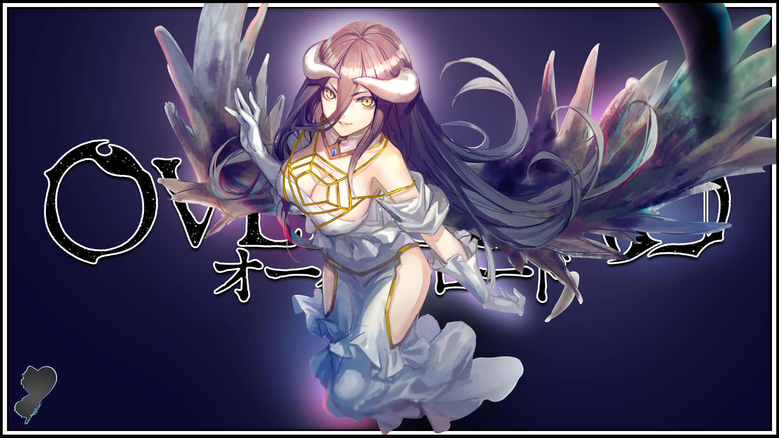 Overlord 桌布 壁紙 — 長黑髮、戴角飾的動漫女孩，在深紫色背景上漂浮，散發著發光的翅膀。
