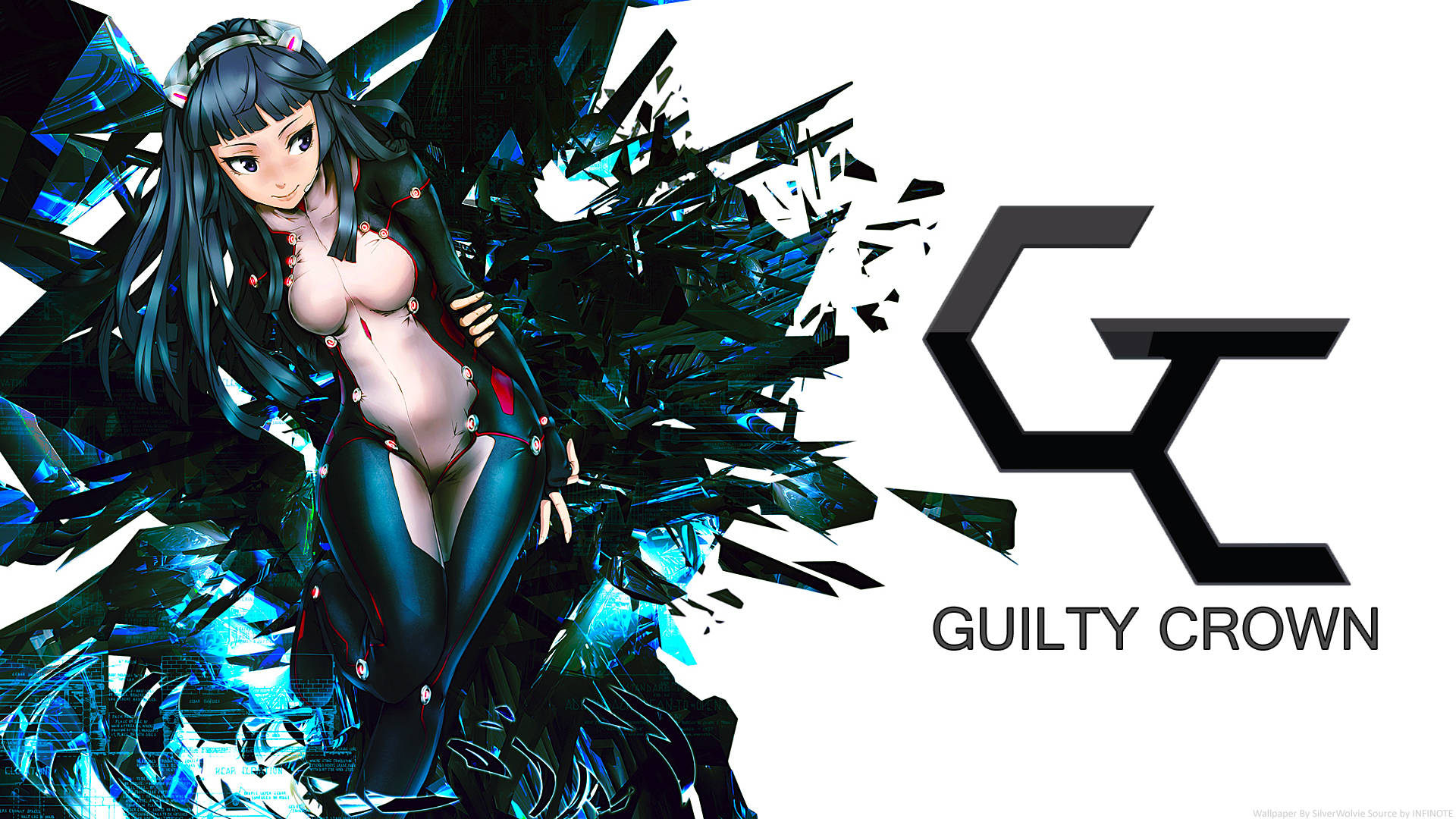guilty 桌布 壁紙 — 長黑髮、未來風格服裝的動漫女孩從破碎的藍色玻璃碎片中出現，旁邊是 Guilty Crown 標誌。