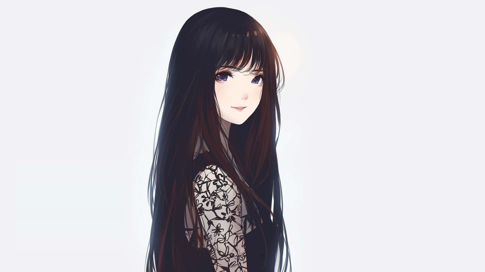 Anime Girl Black Hair 桌布 壁紙 — 長黑髮、穿蕾絲上衣的動漫女孩在純白背景上輕柔微笑。
