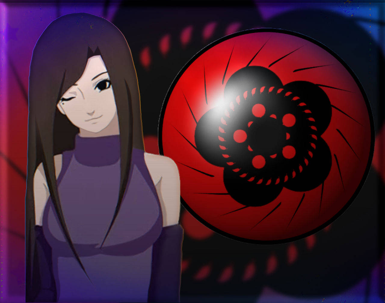 izumi uchiha 桌布 壁紙 — 長黑髮、紫色服裝的動漫女孩站在深紫色背景前，旁邊是一個發光的紅色輪迴眼。