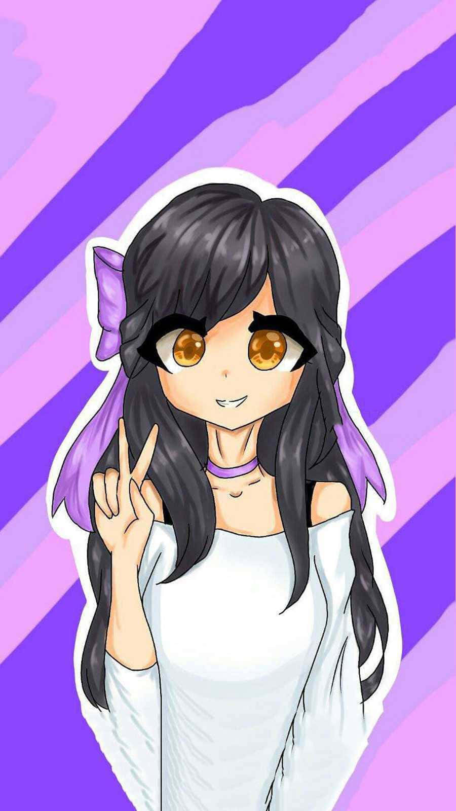 Aphmau 桌布 壁紙 — 長黑髮、紫色蝴蝶結的動漫女孩在充滿活力的紫色條紋背景上做出和平手勢。