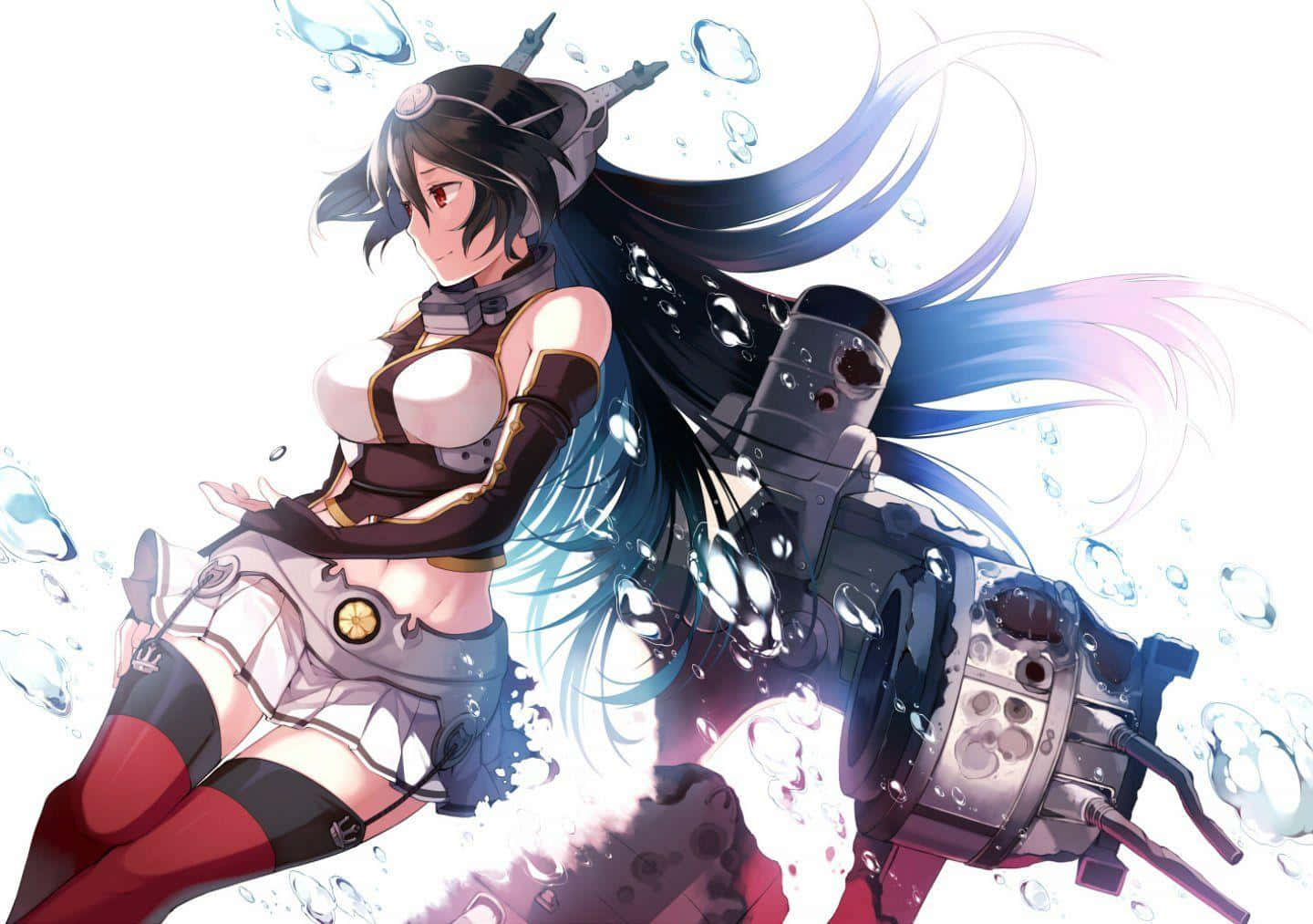 Kancolle 桌布 壁紙 — 長黑髮、身穿海軍裝備的動漫女孩從水中浮現，周圍有氣泡旋轉。
