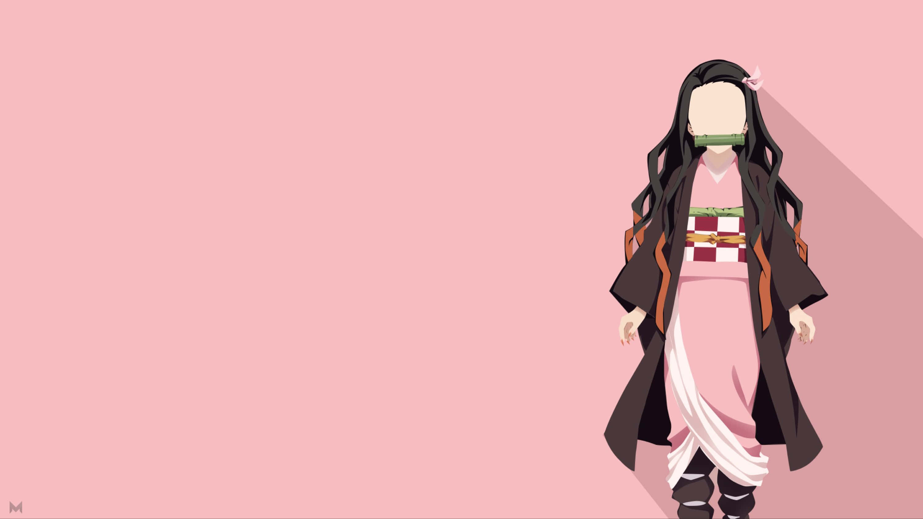 Nezuko Desktop 桌布 壁紙 — 長黑髮、身穿粉紅和服的動漫角色，站在純粉紅背景前，帶有長長的影子。
