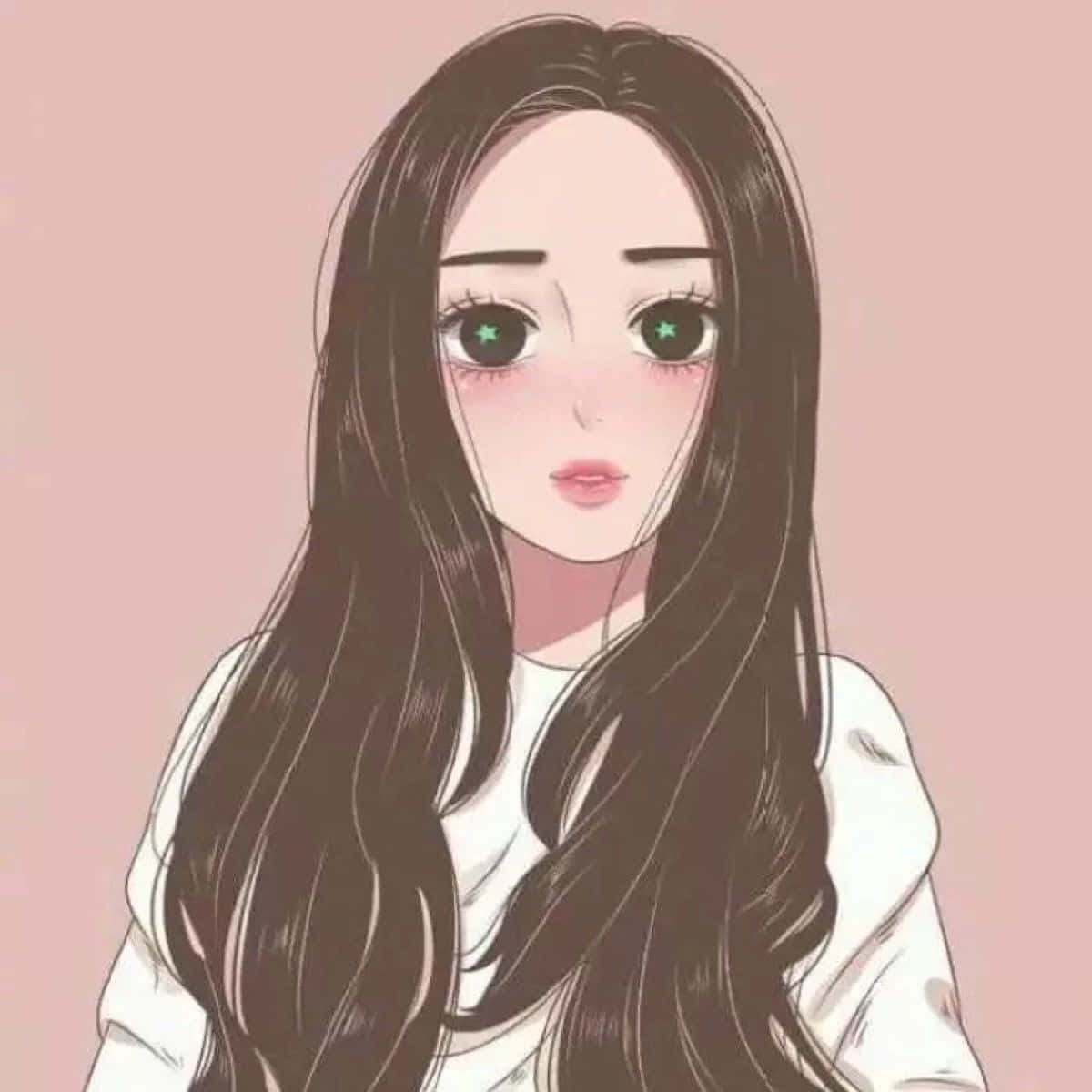 動漫女孩 桌布 壁紙 — 長黑髮、閃爍綠色星瞳的動漫女孩，在柔和的粉紅色背景下溫柔凝視。