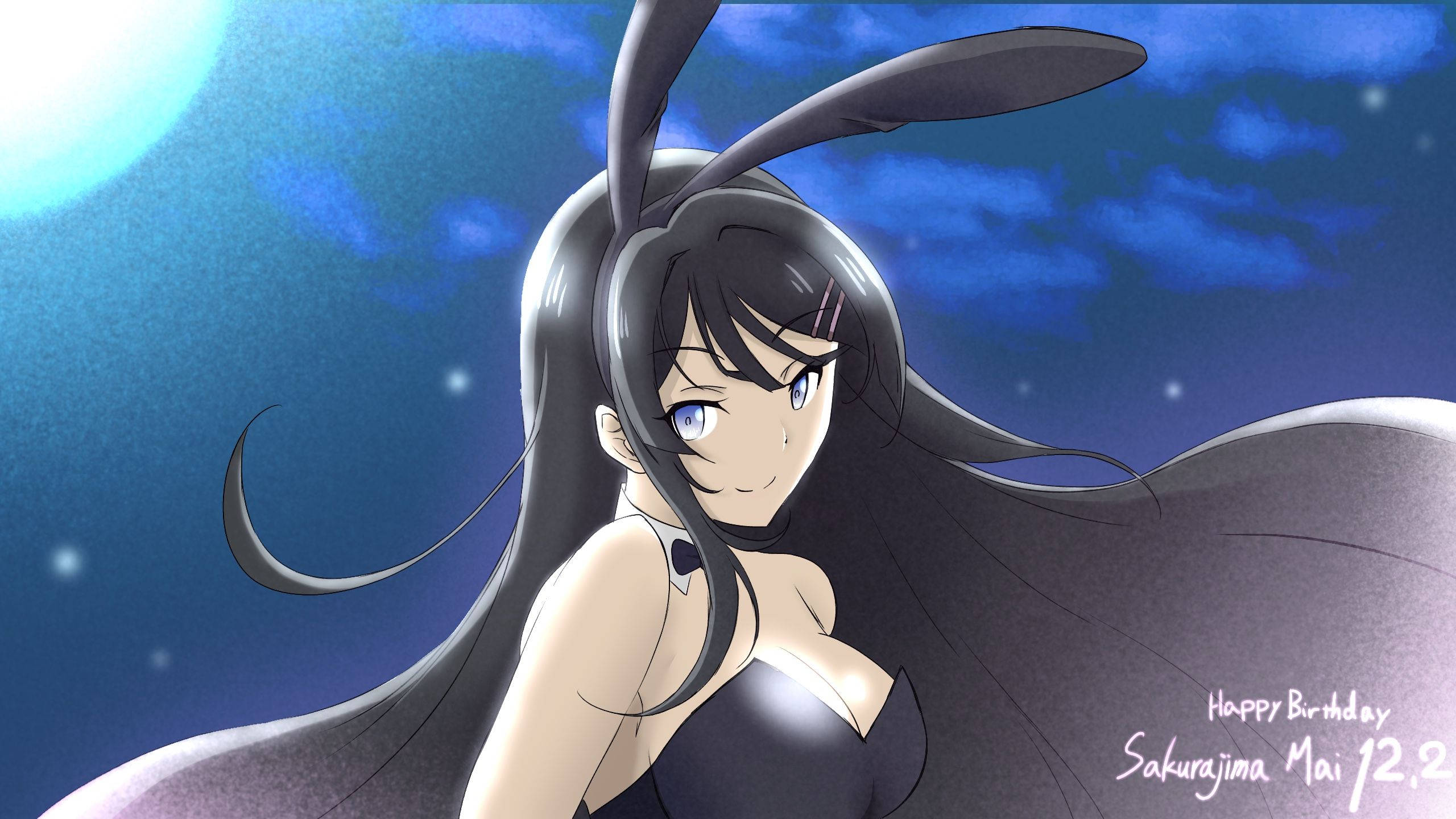 Rascal Does Not Dream Of Bunny Girl Senpai 桌布 壁紙 — 長黑髮兔耳動漫女孩在星空藍天下微笑，月亮發光。