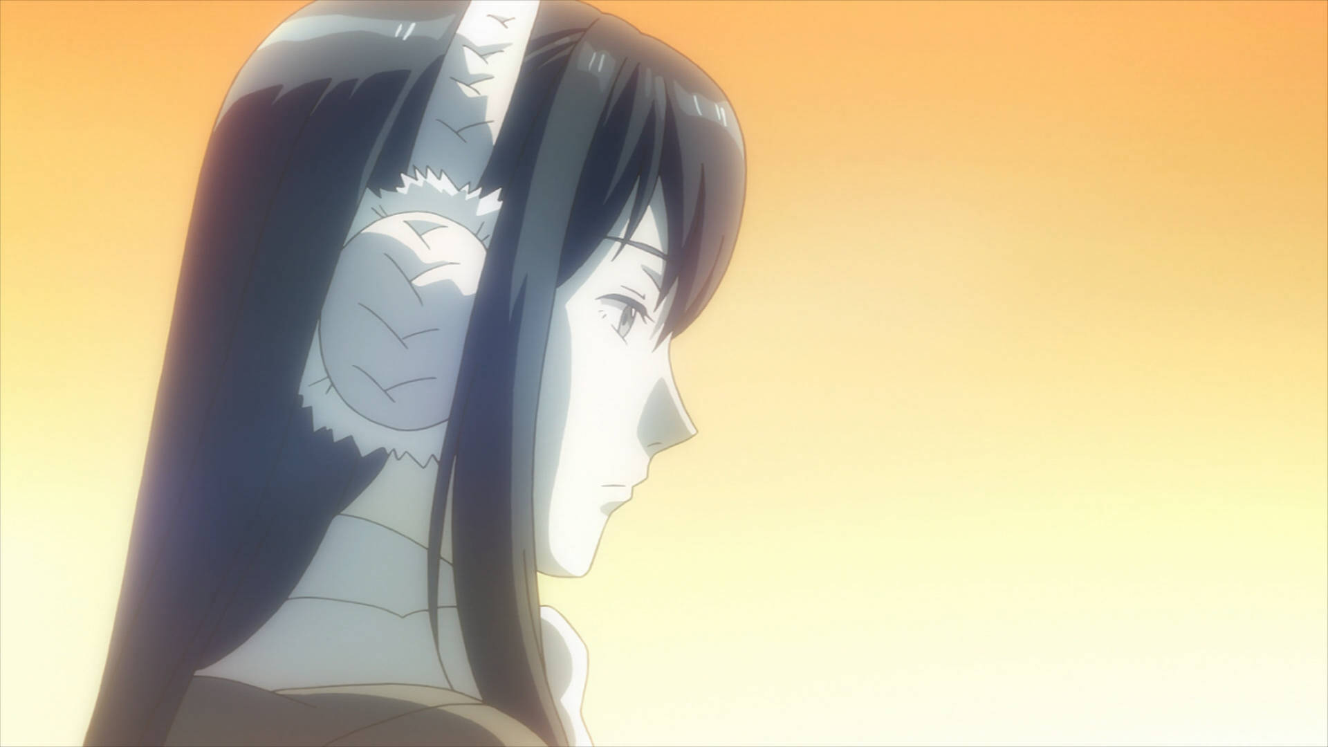 Parasyte 桌布 壁紙 — 長黑髮戴白色耳罩的動漫女孩，在溫暖的金色夕陽餘暉中。