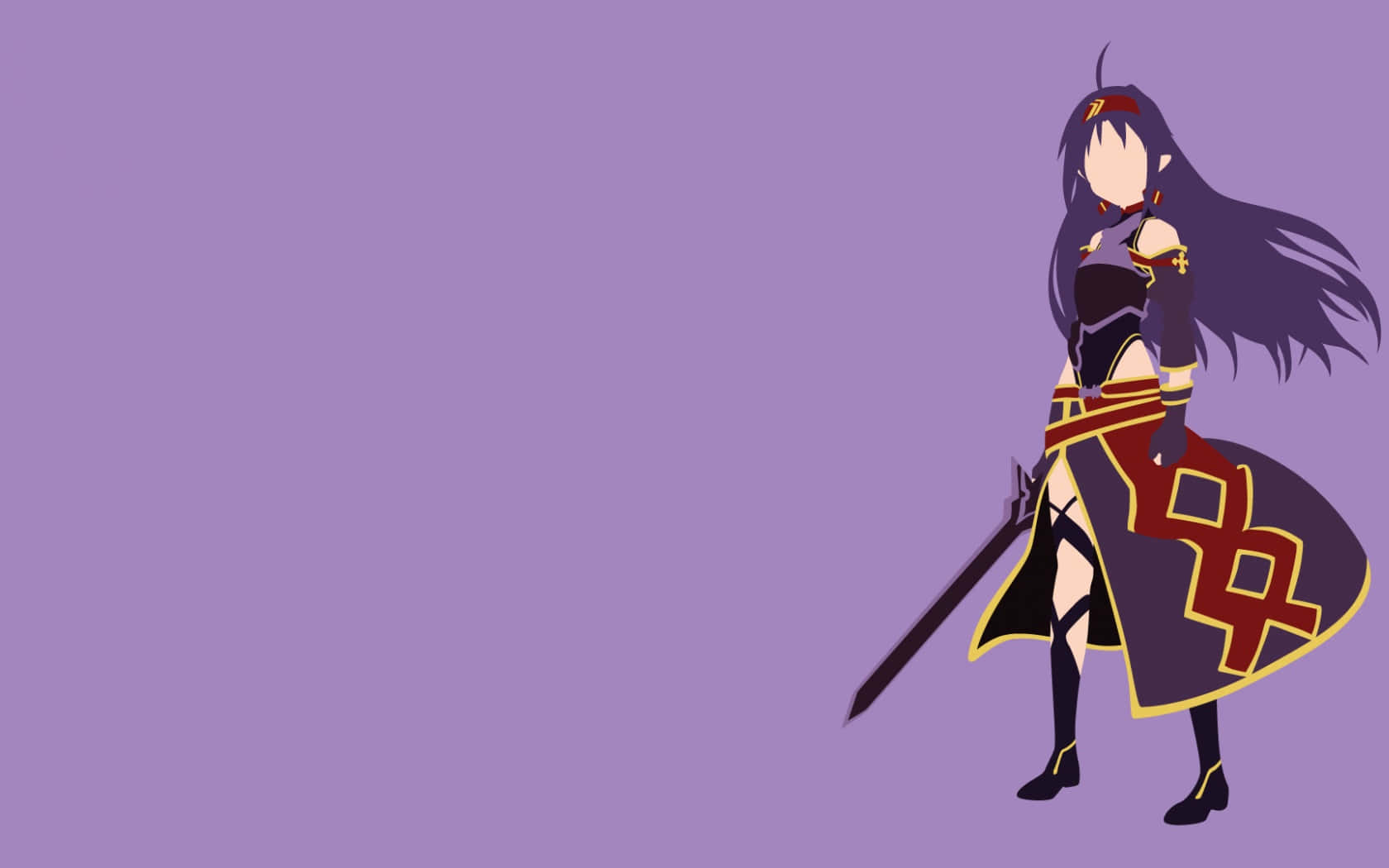 Yuuki Konno 桌布 壁紙 — 長黑髮持劍的動漫女孩站在純薰衣草色背景前。