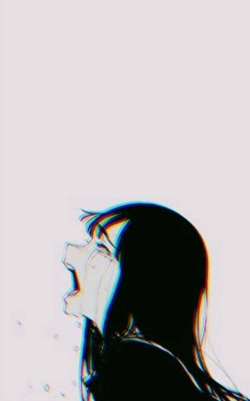 depressed anime 桌布 壁紙 — 長黑髮的動漫女孩在帶有色彩像差效果的淡色背景前側面尖叫。