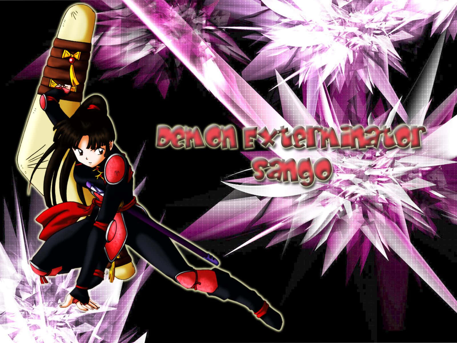 Sango 桌布 壁紙 — 長黑髮的動漫女孩在黑暗背景中揮舞著巨劍，伴隨著爆炸性的紫色水晶碎片。
