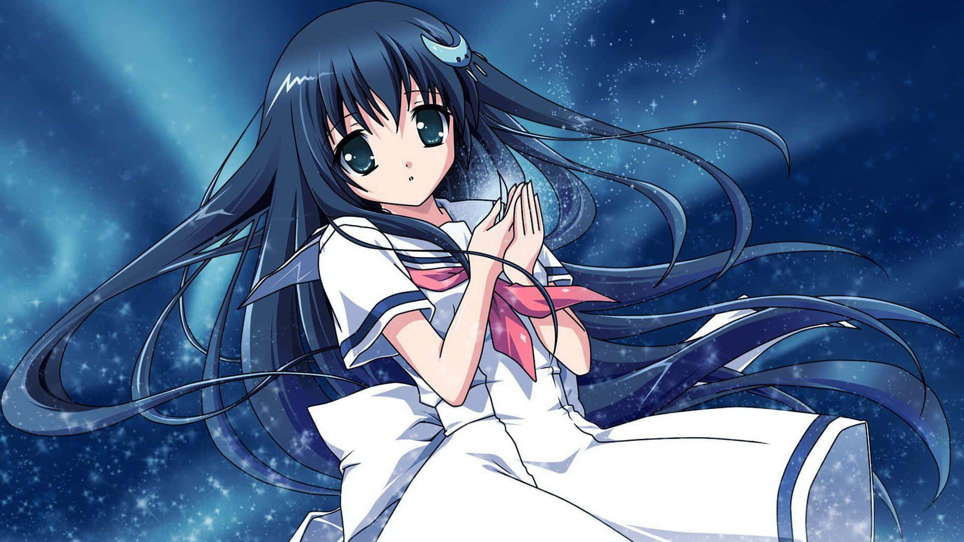 動漫女孩 桌布 壁紙 — 長黑髮的動漫女孩穿著水手服，在繁星點點的藍色天空背景下合掌。