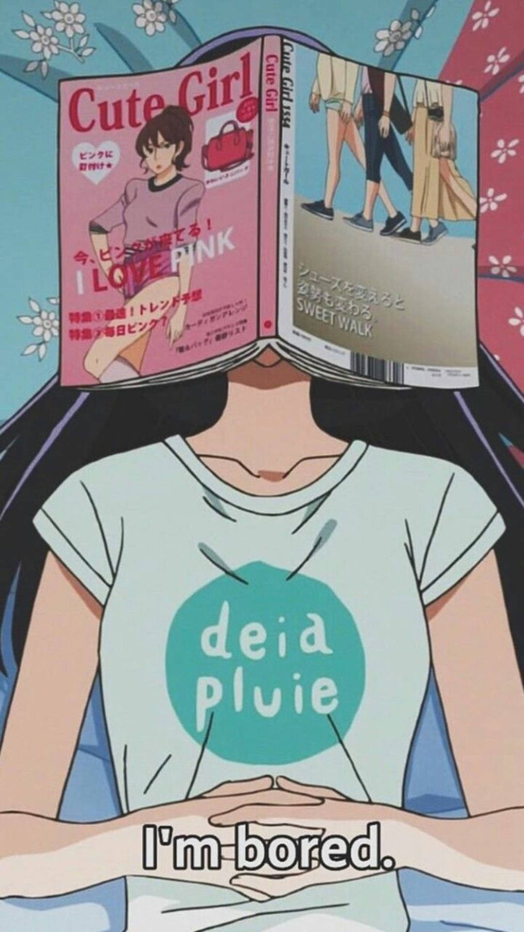 動漫女孩 桌布 壁紙 — 長黑髮的動漫女孩穿著淺藍色T恤，上有青綠色圓圈和文字，同時手持一本打開的粉紅色雜誌《Cute Girl》遮住臉部。