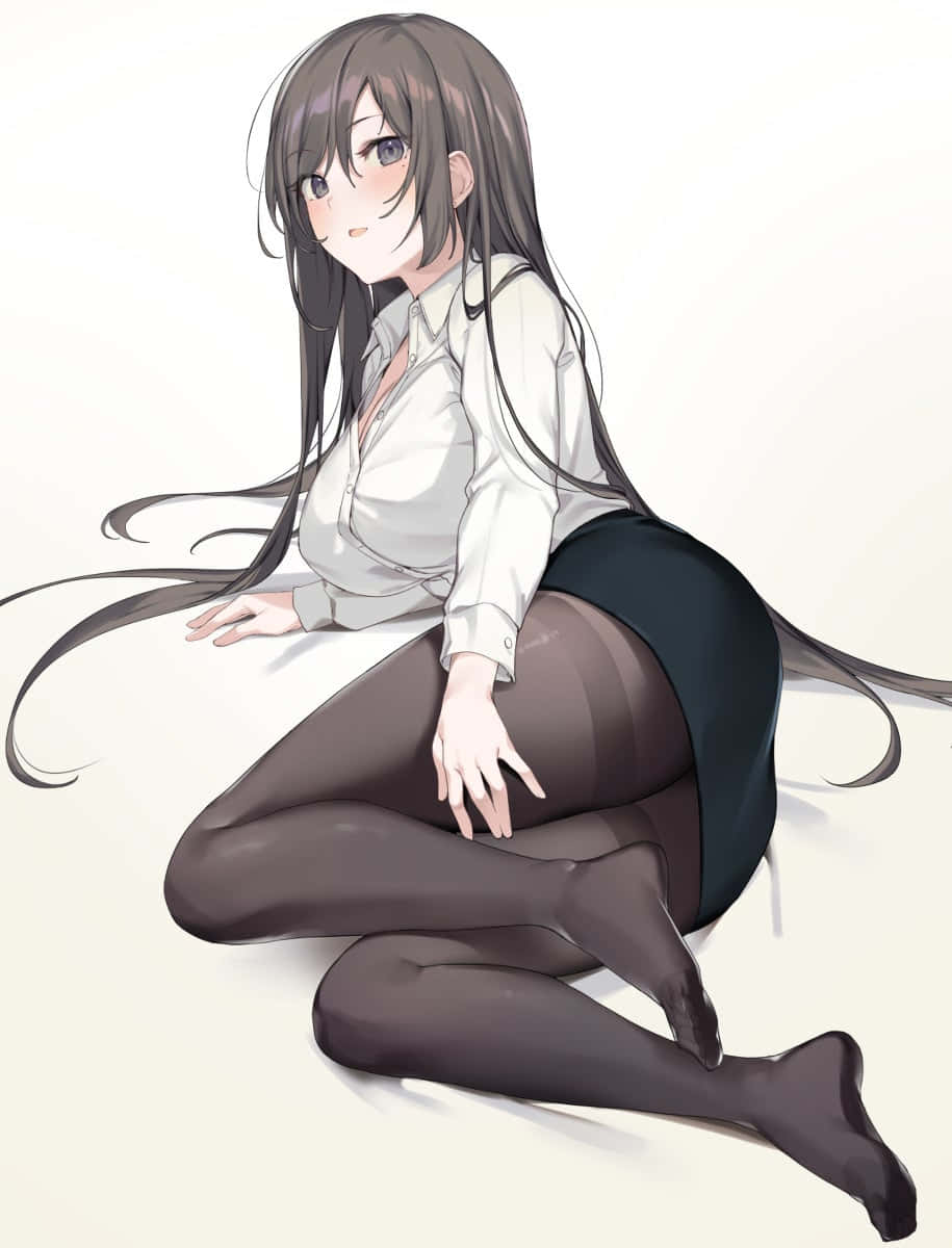 anime sexy 桌布 壁紙 — 長黑髮的動漫女孩穿著白襯衫和黑裙子，優雅地坐在純色背景前。