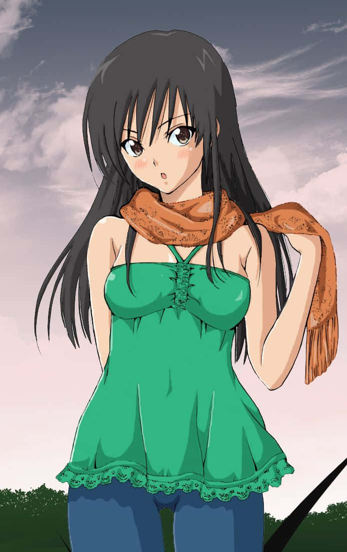 Yui Ikari 桌布 壁紙 — 長黑髮的動漫女孩穿著綠色上衣和橙色圍巾，背景是多雲的天空。