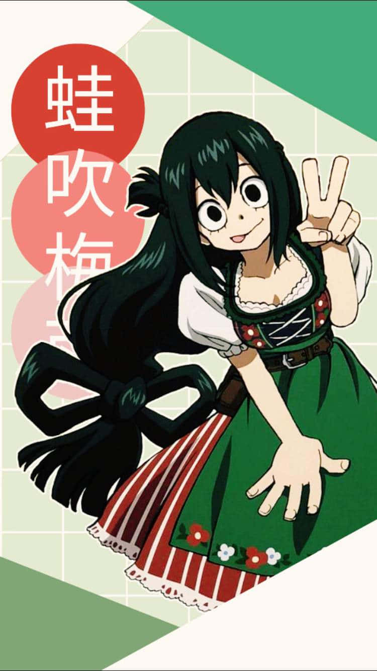 Froppy 桌布 壁紙 — 長黑髮的動漫女孩穿著綠色連衣裙，在幾何背景前微笑並比出和平手勢。