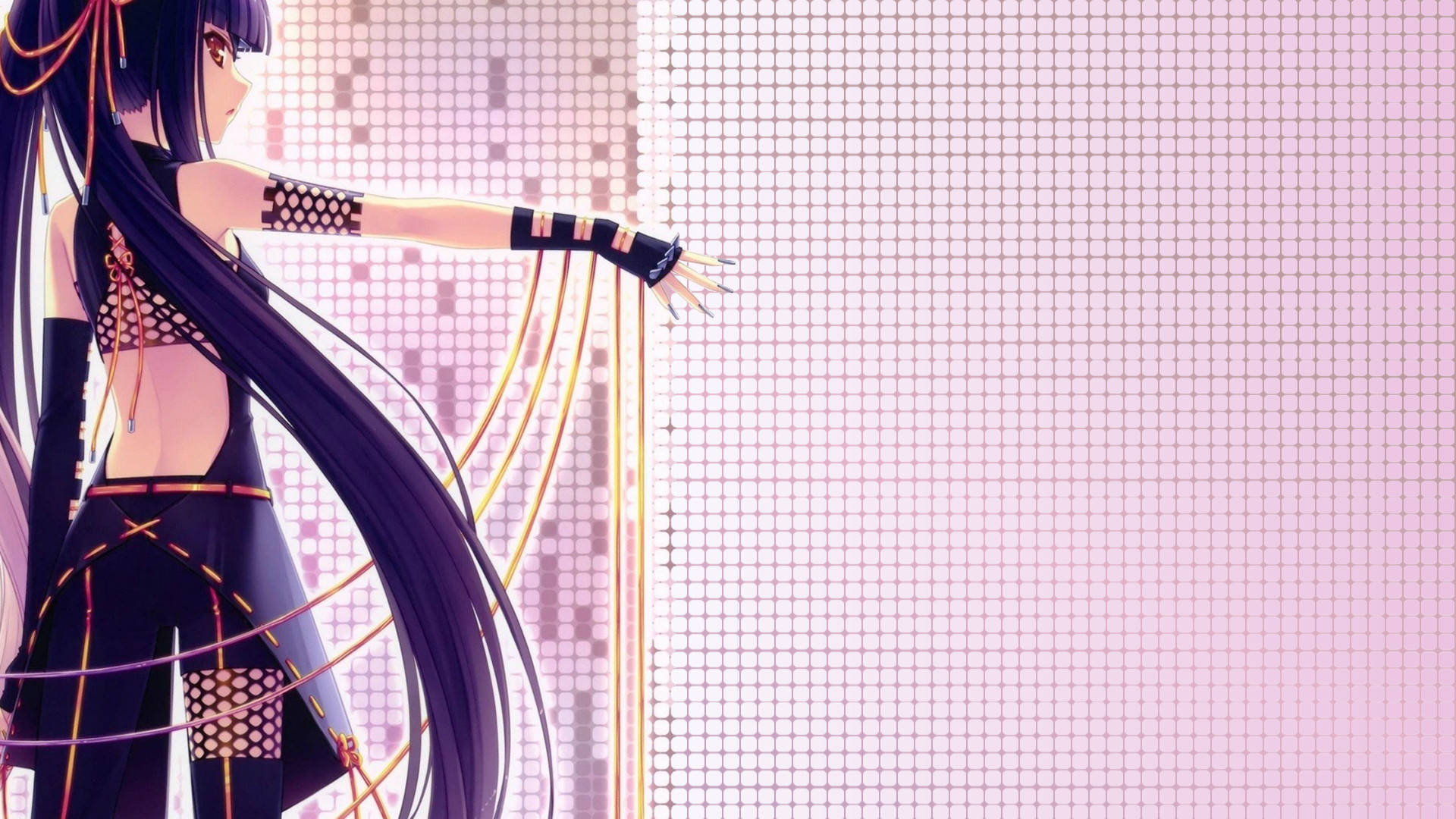 Nekopara 桌布 壁紙 — 長黑髮的動漫女孩穿著賽博龐克服裝，站在發光的粉紅色網格牆前。
