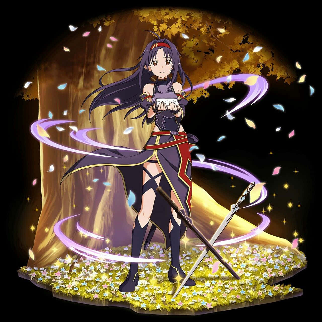 Yuuki Konno 桌布 壁紙 — 長黑髮的動漫女孩站在發光的花田中，手持發光的球體，周圍環繞著旋轉的魔法和飄落的花瓣。