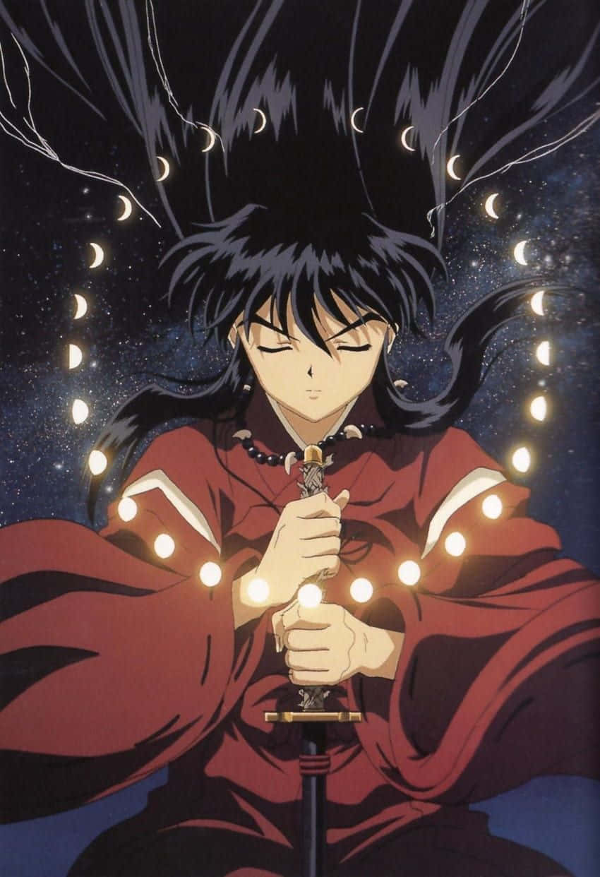 Inuyasha And Sesshomaru 桌布 壁紙 — 長黑髮的動漫角色在點綴著彎月的星空夜空下握著發光的劍。