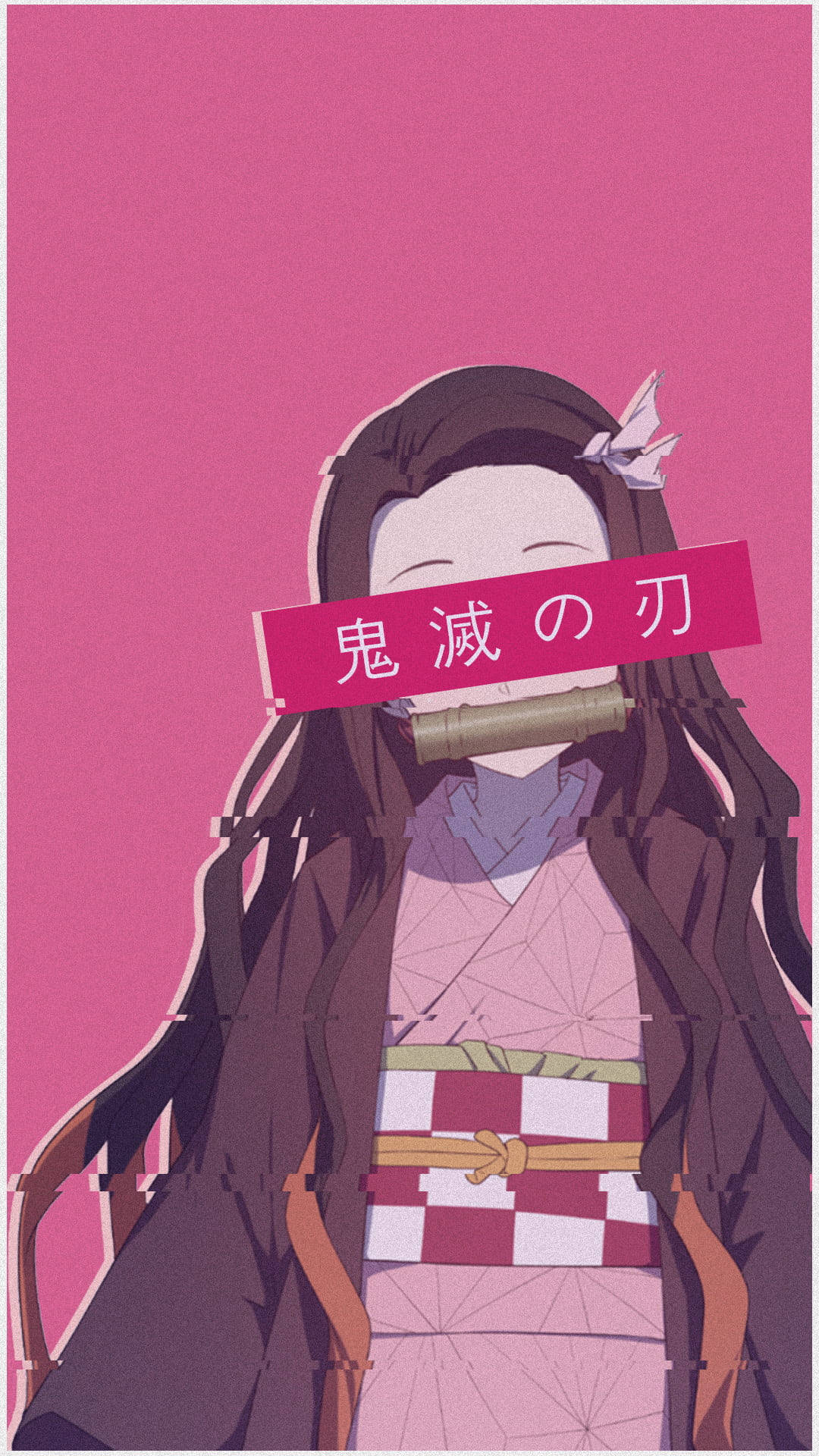 Demon Slayer Aesthetic 桌布 壁紙 — 長黑髮竹刀面具動漫女孩，鮮豔粉紅背景。