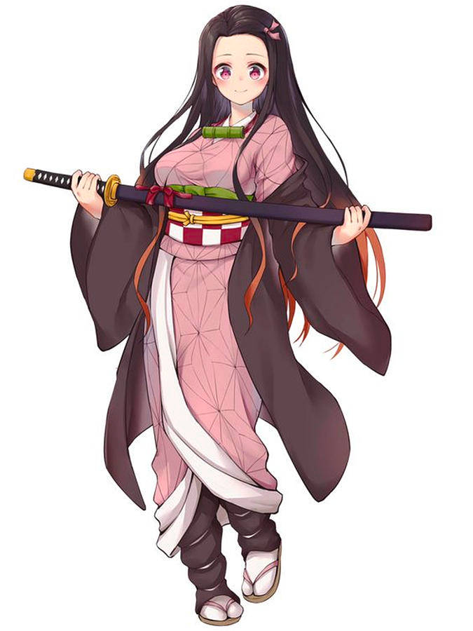 鬼滅之刃 禰豆子 桌布 壁紙 — 長黑髮粉紅眼動漫少女，身穿粉紅和棕色和服，手持武士刀，背景為白色。