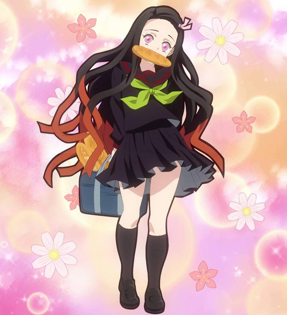 鬼滅之刃 禰豆子 桌布 壁紙 — 長黑髮粉紅眼動漫少女咬著麵包卷，手持一袋麵包，背景是閃爍的粉彩花卉圖案。