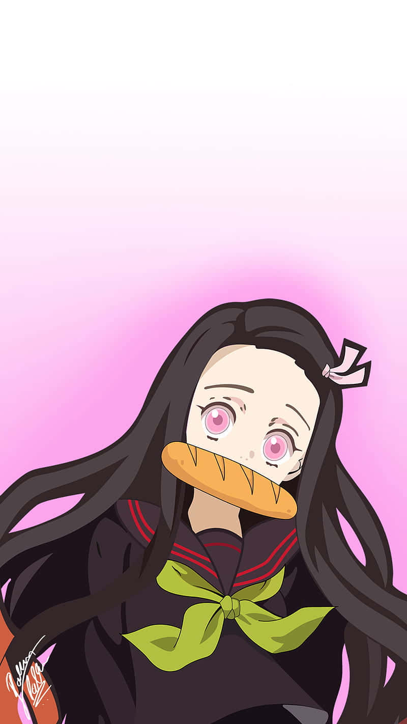 動漫女孩 桌布 壁紙 — 長黑髮粉紅眼睛的動漫女孩，在柔和的粉紅色漸變背景上，將一個麵包卷舉在嘴邊。