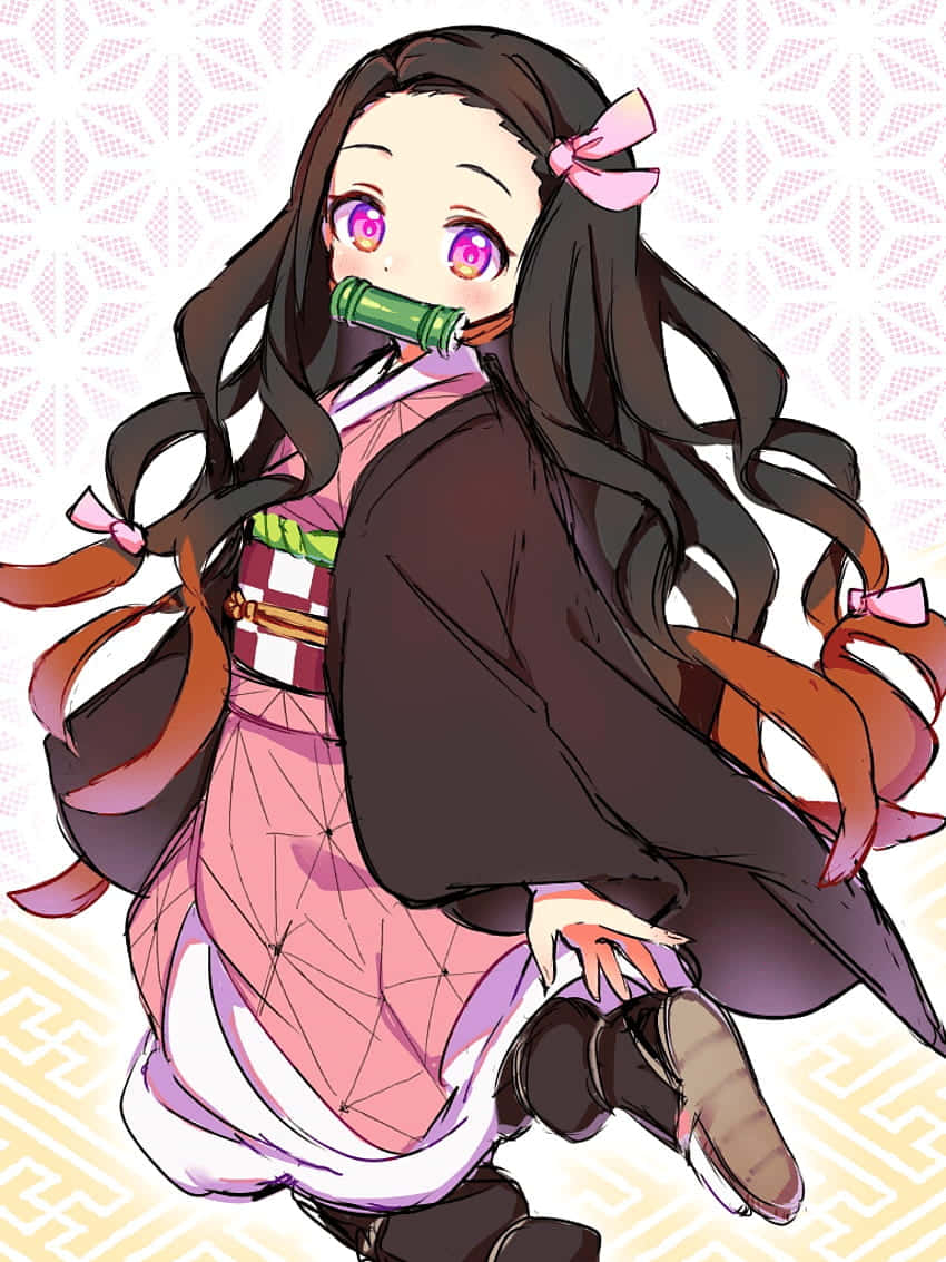 穿著粉紅和服的動漫女孩將竹笛放在唇邊。 — 禰豆子 GIF 壁紙