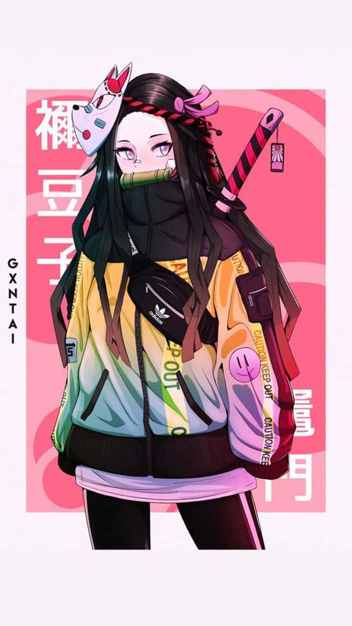 桌布 壁紙 — 長黑髮粉紅眼睛的動漫女孩，穿著彩色外套，手持粉紅色刀柄的武士刀，背景是鮮豔的粉紅色。