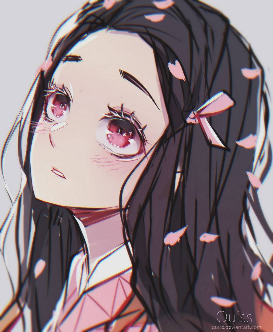 禰豆子 桌布 壁紙 — 長黑髮粉紅眼睛的動漫女孩仰望，櫻花飄落在她臉龐周圍。