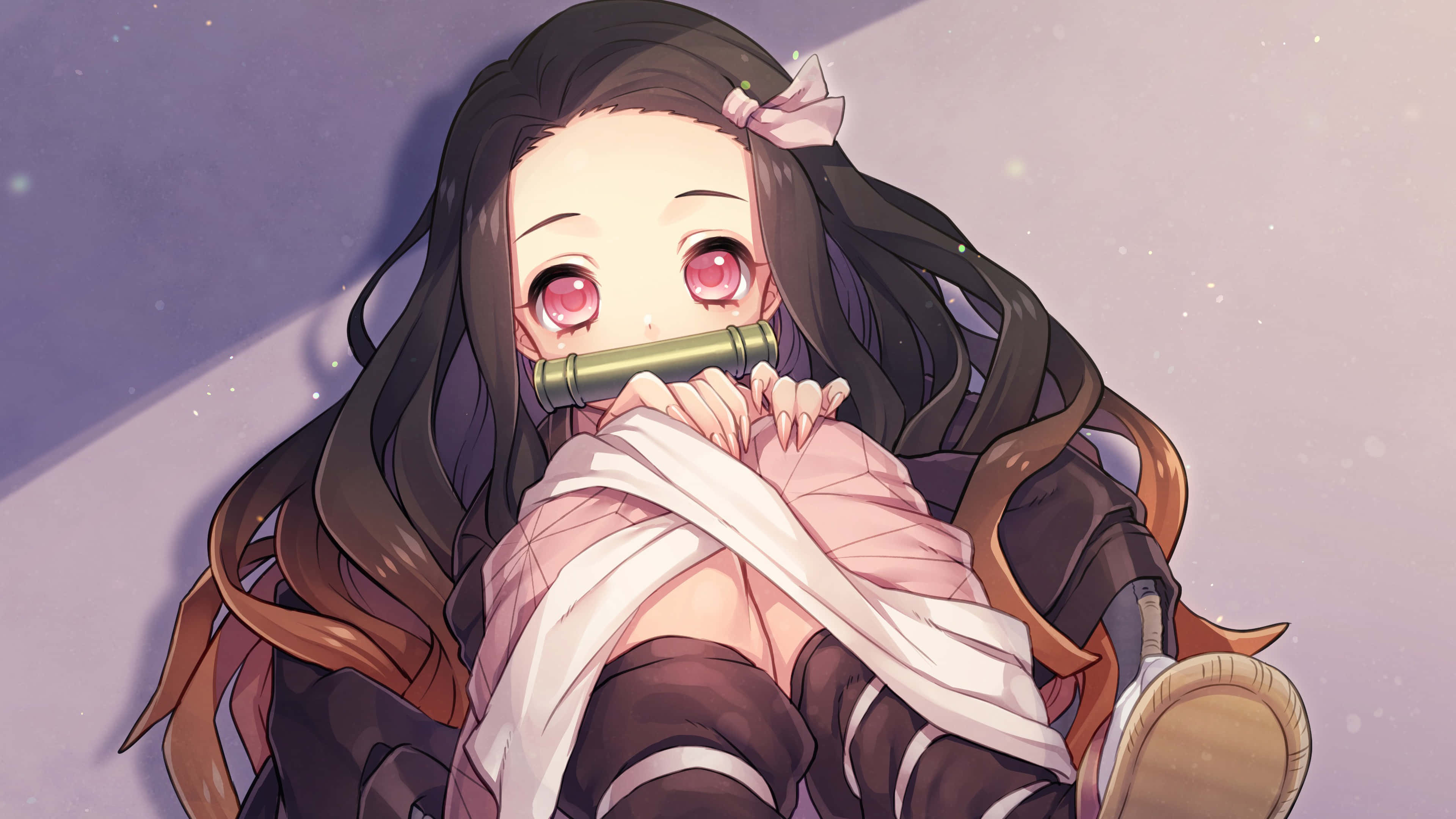 動漫女孩 桌布 壁紙 — 長黑髮粉紅眼睛的動漫女孩在柔和的紫色星空背景下吹奏長笛。
