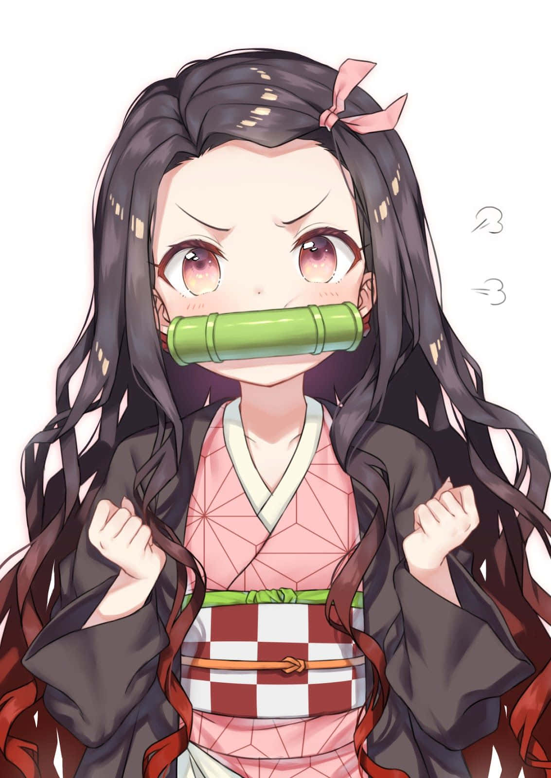 動漫女孩 桌布 壁紙 — 長黑髮粉紅眼睛的動漫女孩戴著竹製口塞，握緊拳頭，表情堅定。