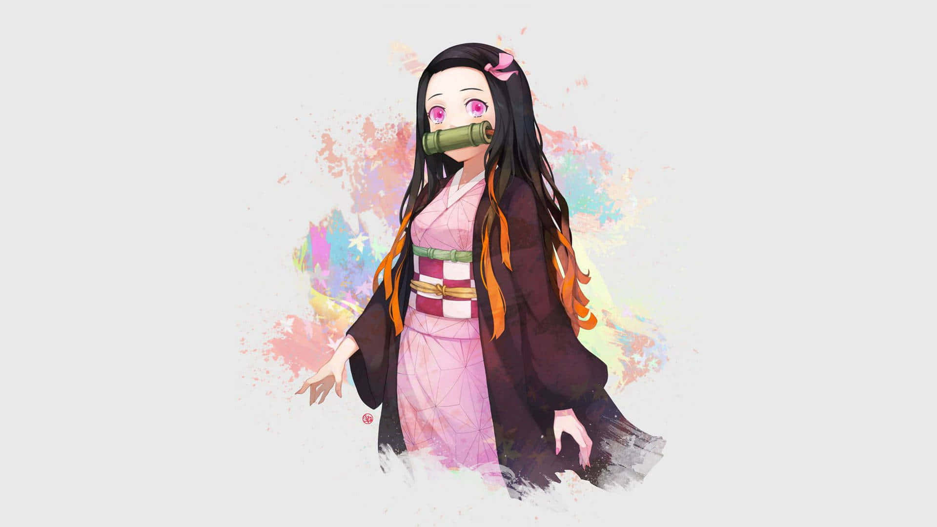 Nezuko Desktop 桌布 壁紙 — 長黑髮粉紅眼睛的動漫女孩穿著傳統粉紅和服，帶竹製口塞和彩色水彩潑濺背景。