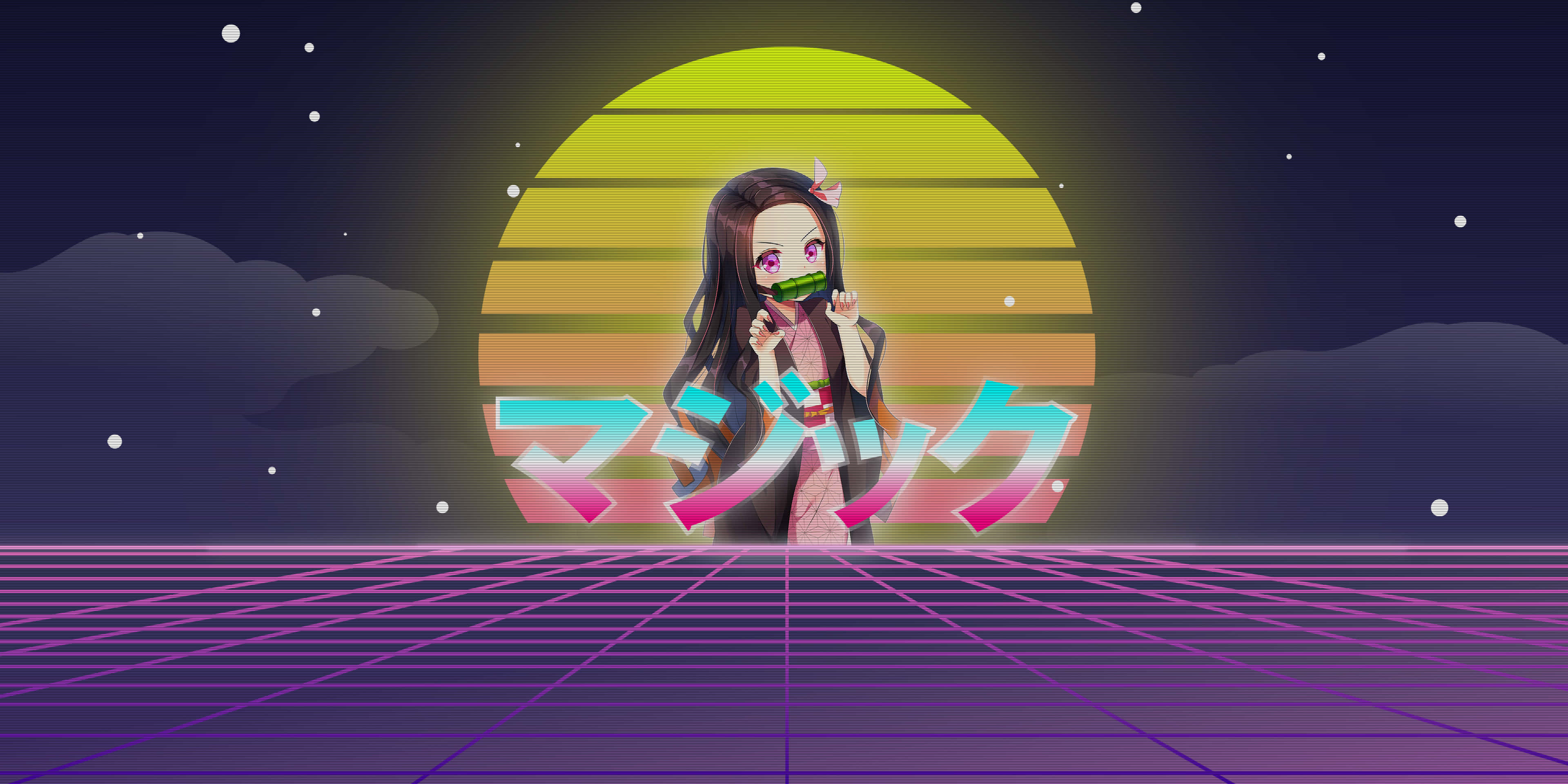 Nezuko Aesthetic 桌布 壁紙 — 長黑髮粉紅眼睛的動漫女孩站在發光的霓虹日落前，帶有日文字和網格地板。